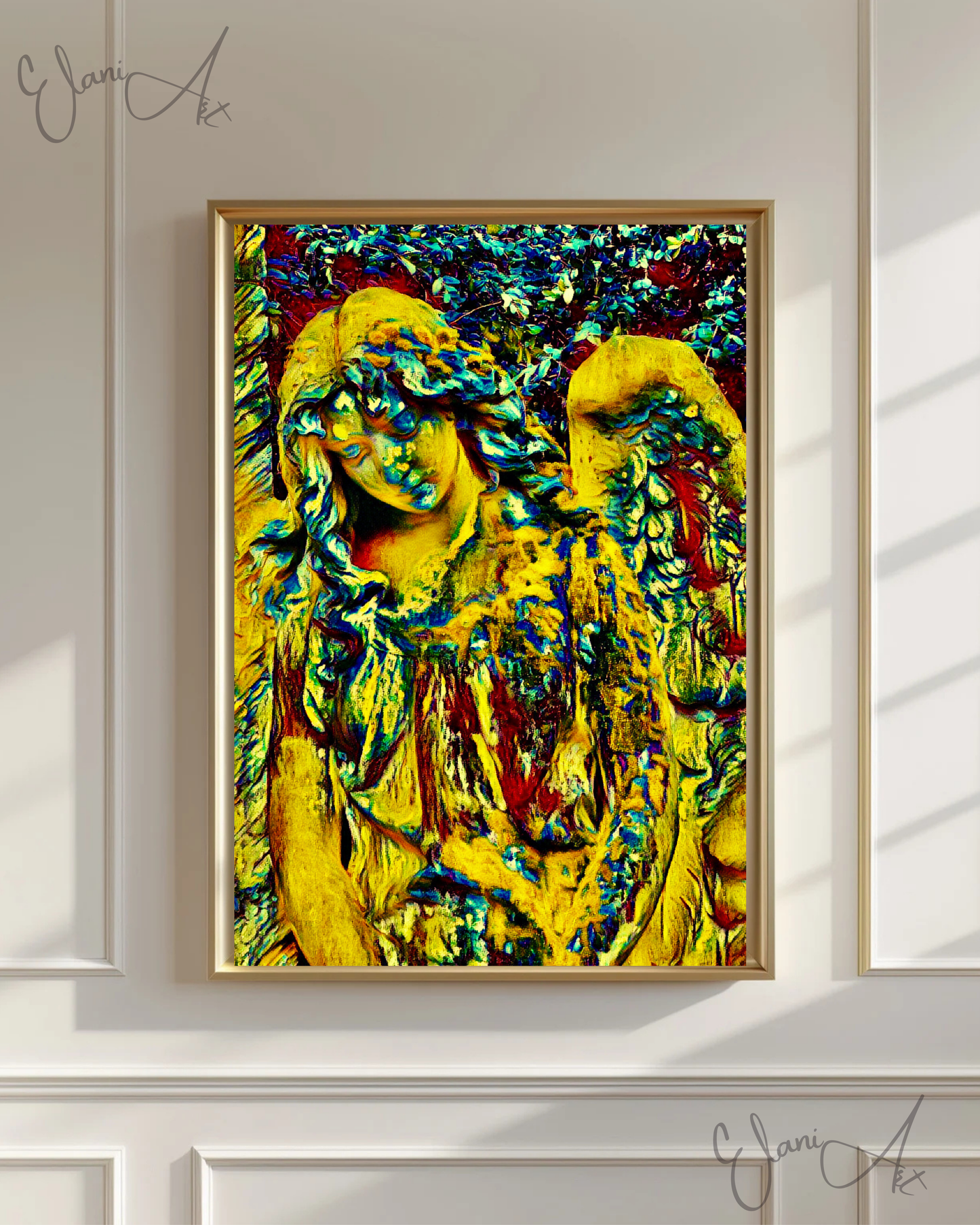 AN ANGEL - An Original Vivid Gold Blue Colorful Angel in the Garden Statuesque Wings Portrait Impressionistic Wall Artwork Print by ElaniArt