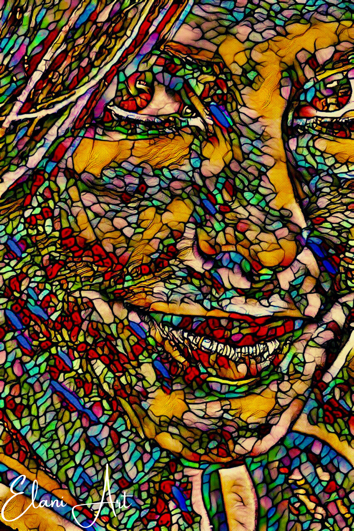 AND YOU? - An Original Vibrant Colorful Woman Portraiture Face Smile Stained Glass Mosaic Impressionistic Wall Artwork Print by ElaniArt