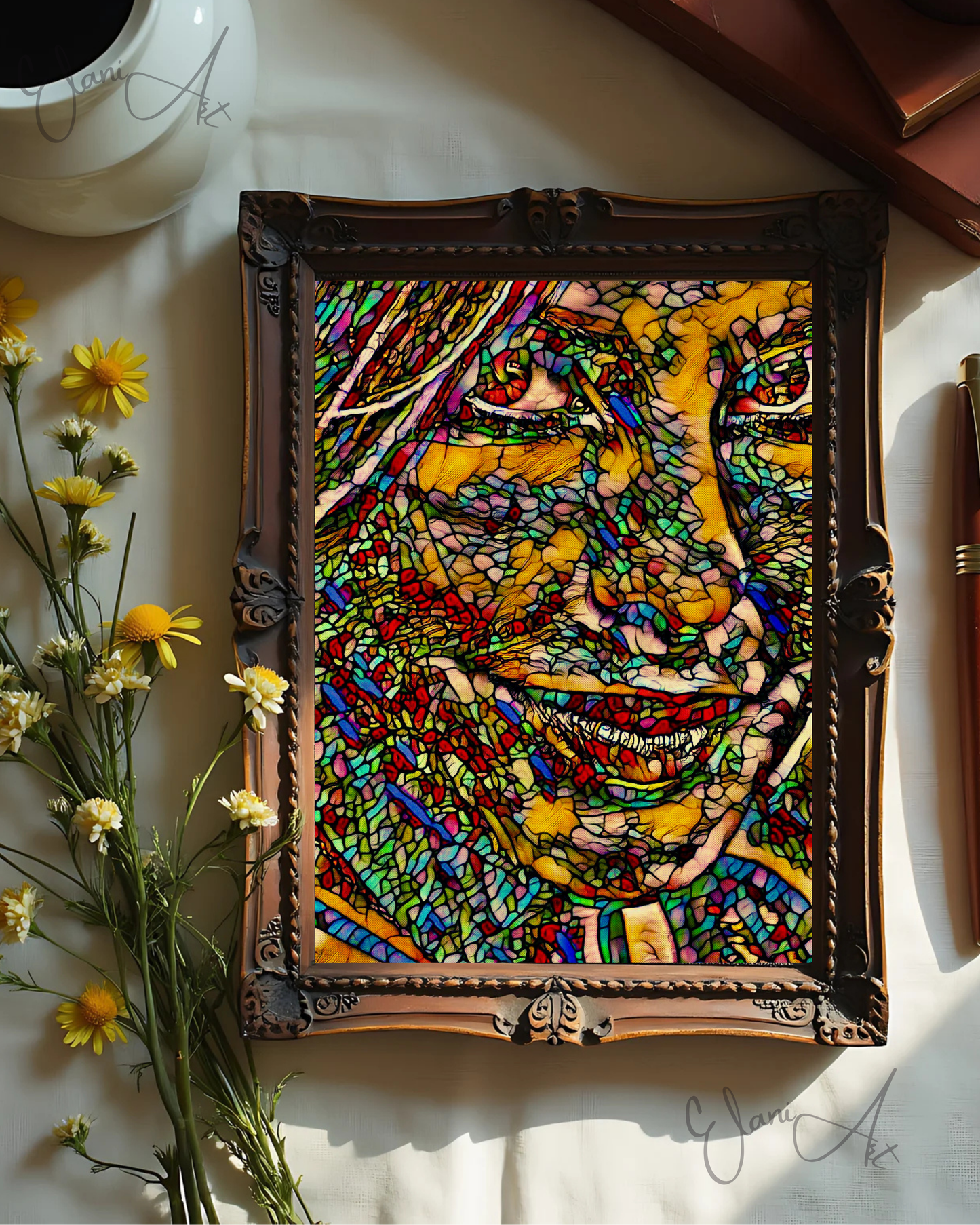AND YOU? - An Original Vibrant Colorful Woman Portraiture Face Smile Stained Glass Mosaic Impressionistic Wall Artwork Print by ElaniArt