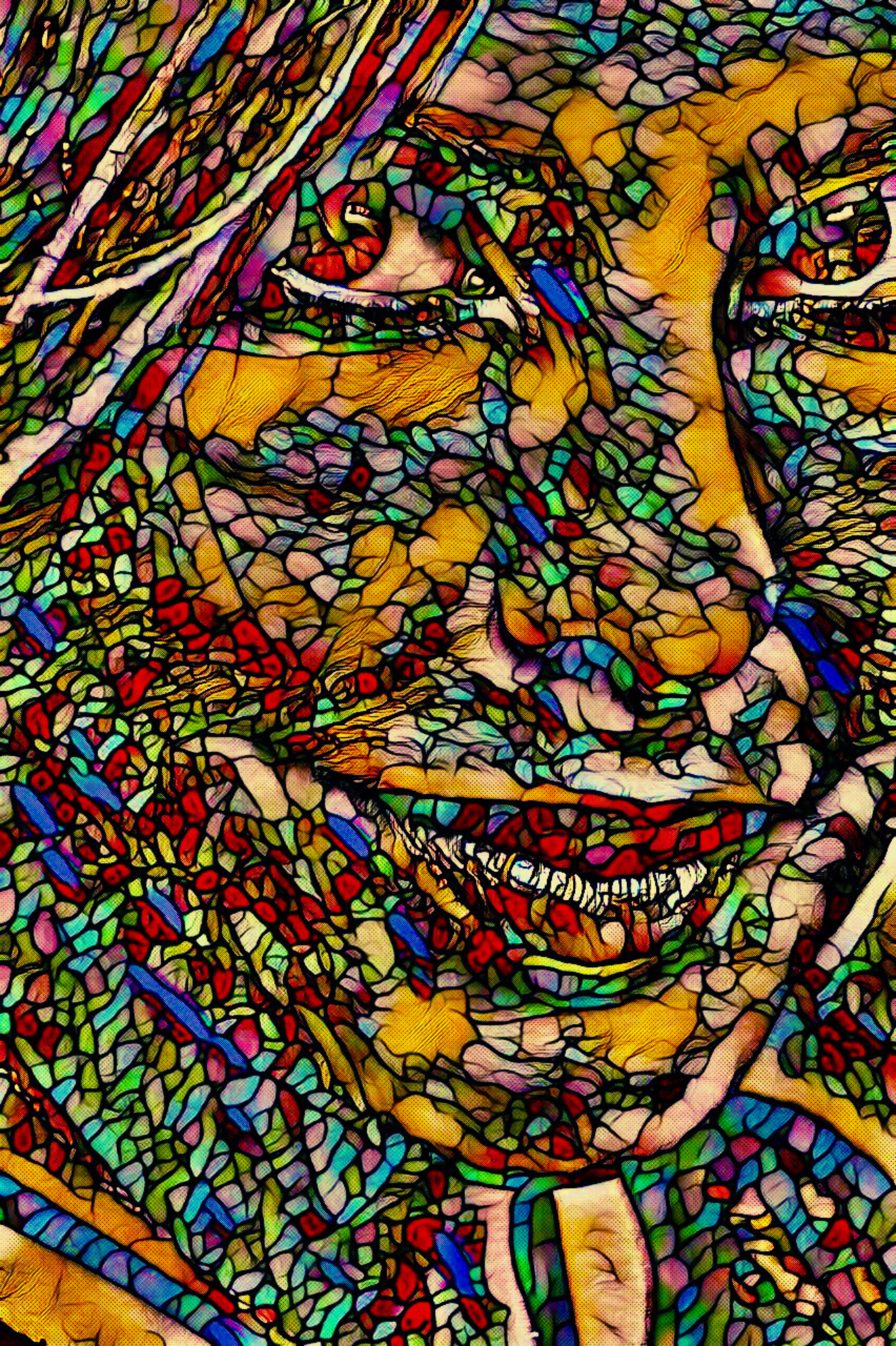 AND YOU? - An Original Vibrant Colorful Woman Portraiture Face Smile Stained Glass Mosaic Impressionistic Wall Artwork Print by ElaniArt