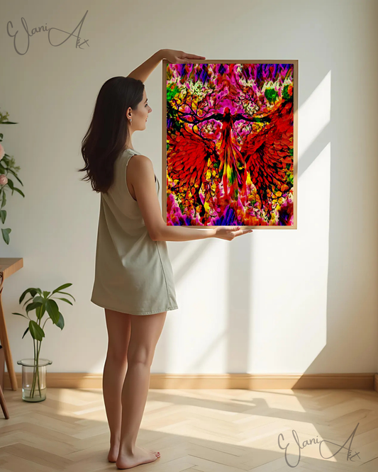 ANGELIC - An Original Vibrant Red Pink Colorful Angel in Heaven Sky Wings Spread Feathers Impressionistic Wall Artwork Print by ElaniArt