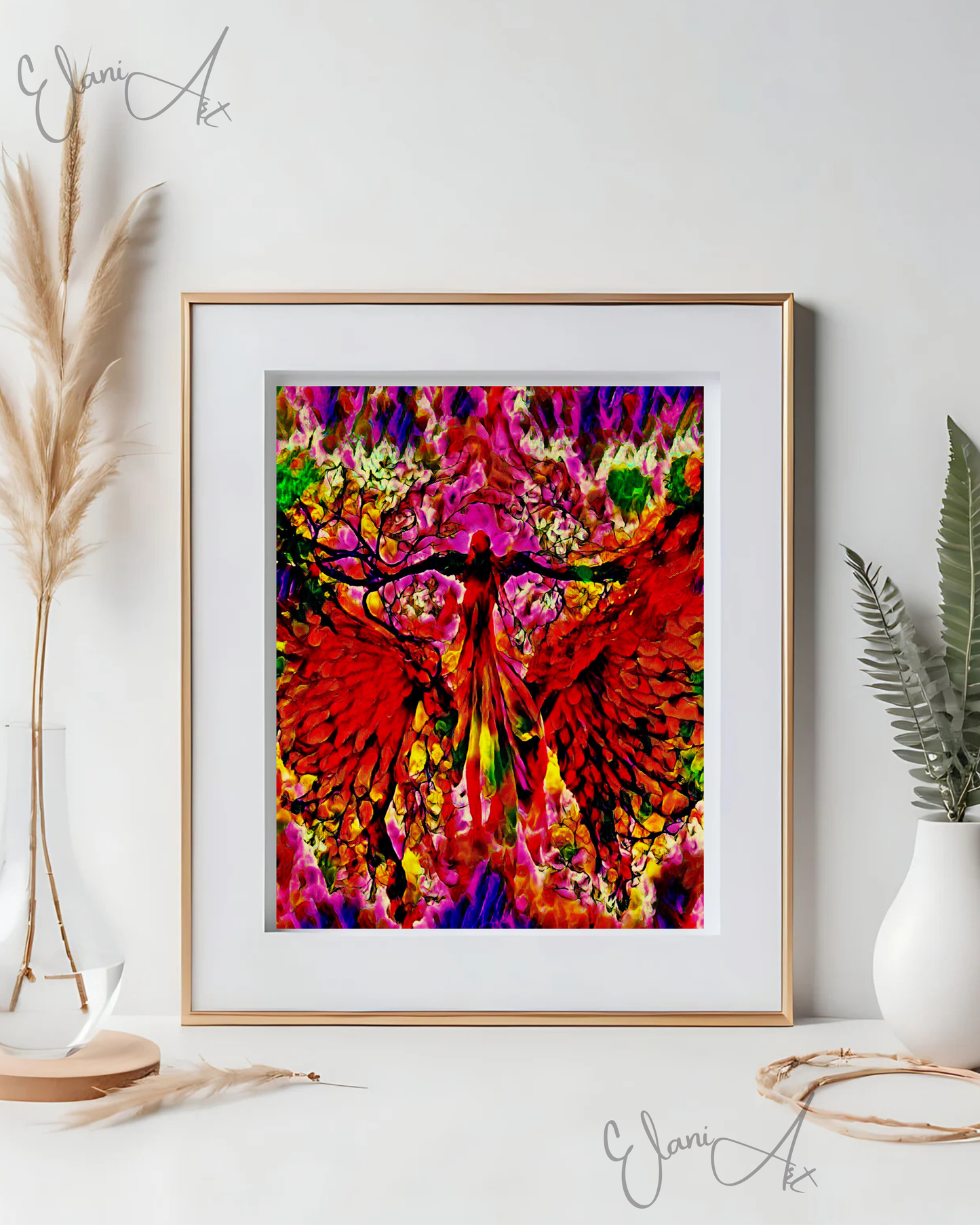 ANGELIC - An Original Vibrant Red Pink Colorful Angel in Heaven Sky Wings Spread Feathers Impressionistic Wall Artwork Print by ElaniArt