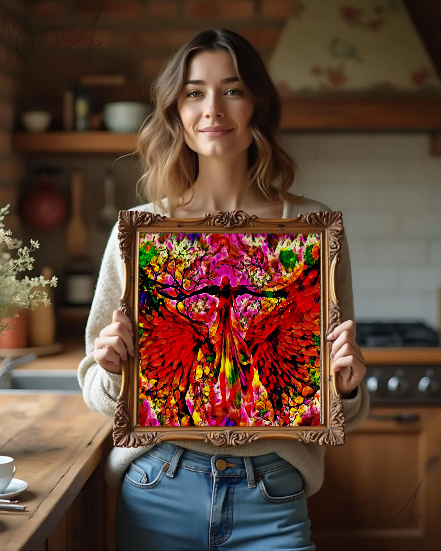 ANGELIC - An Original Vibrant Red Pink Colorful Angel in Heaven Sky Wings Spread Feathers Impressionistic Wall Artwork Print by ElaniArt