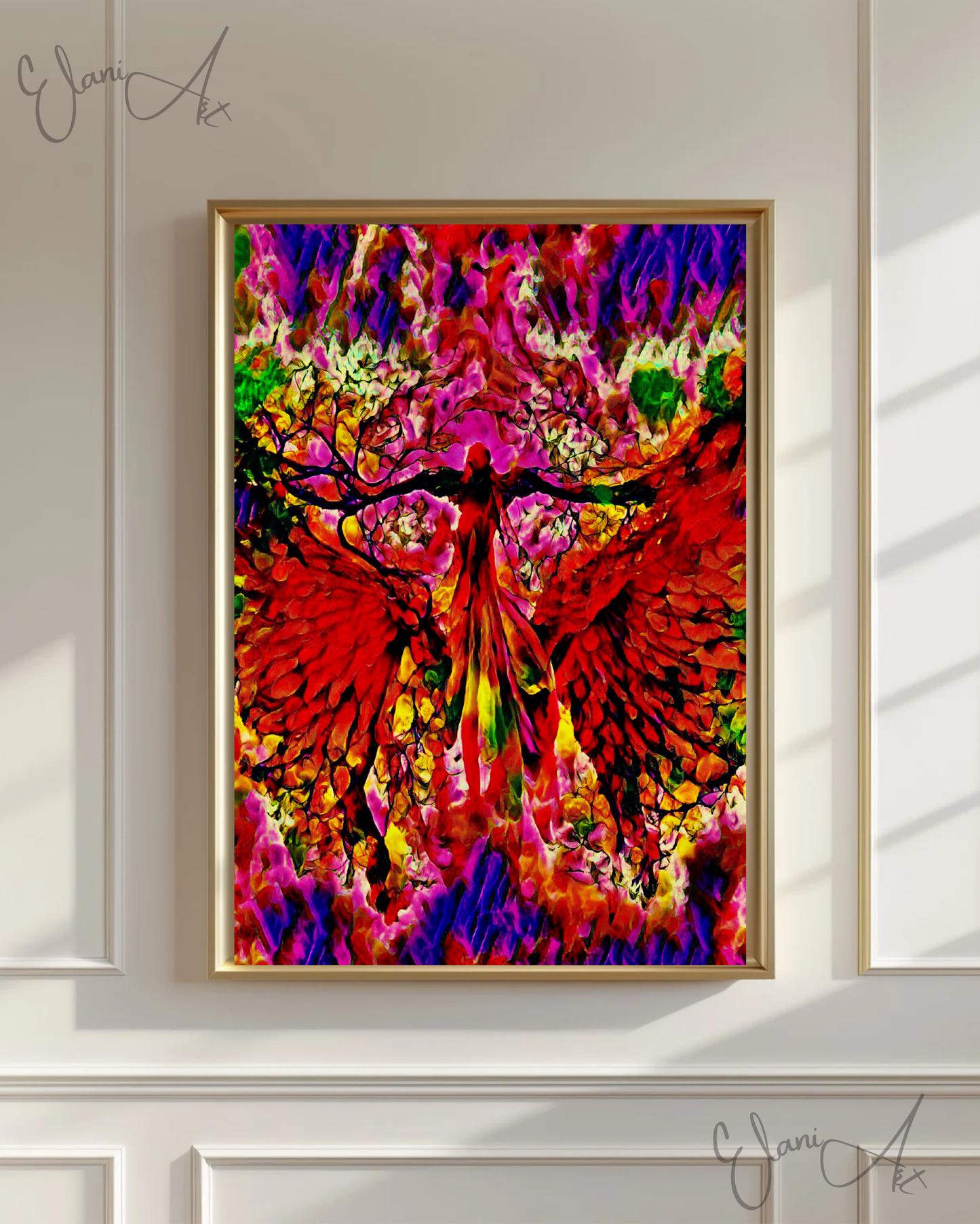 ANGELIC - An Original Vibrant Red Pink Colorful Angel in Heaven Sky Wings Spread Feathers Impressionistic Wall Artwork Print by ElaniArt