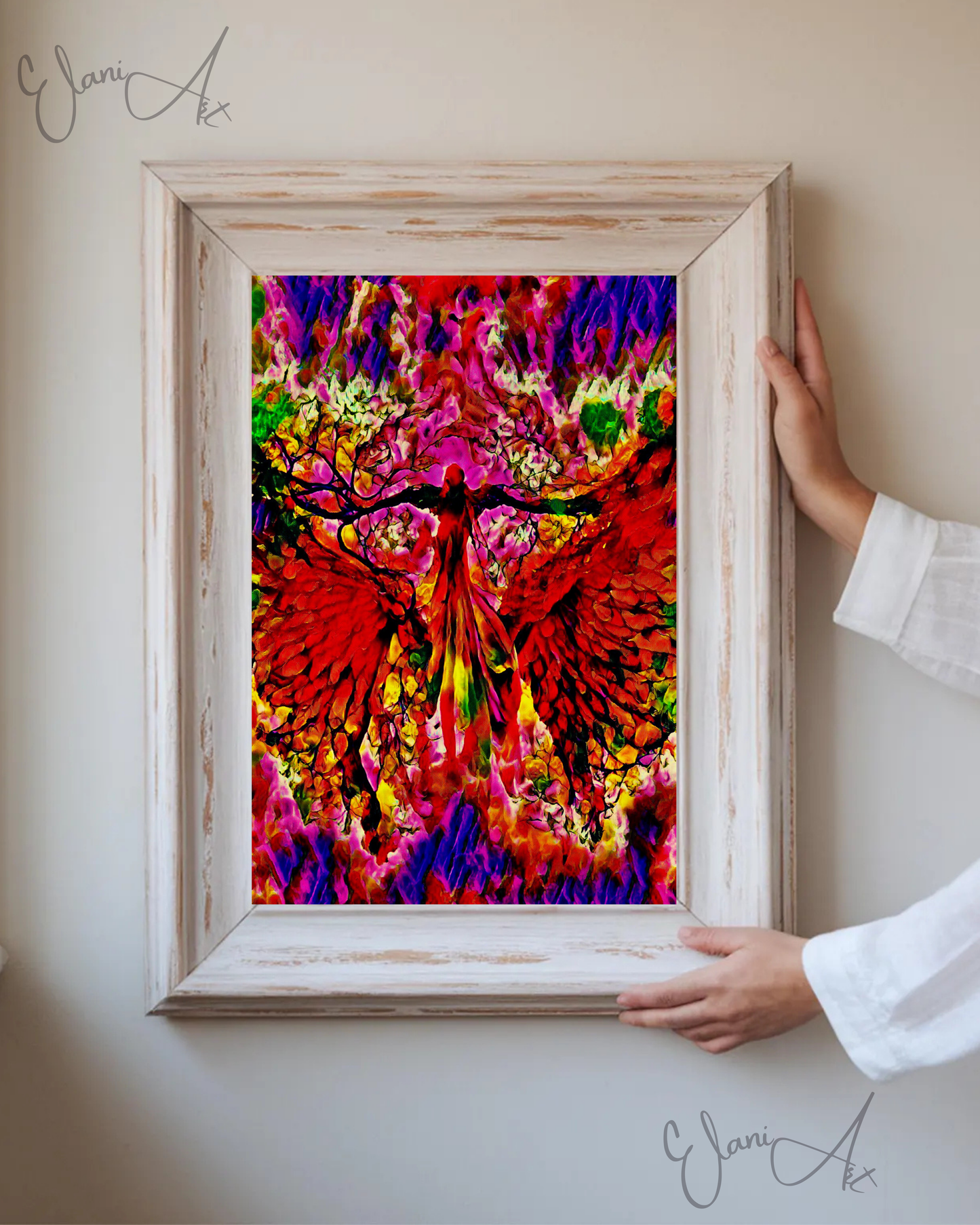 ANGELIC - An Original Vibrant Red Pink Colorful Angel in Heaven Sky Wings Spread Feathers Impressionistic Wall Artwork Print by ElaniArt