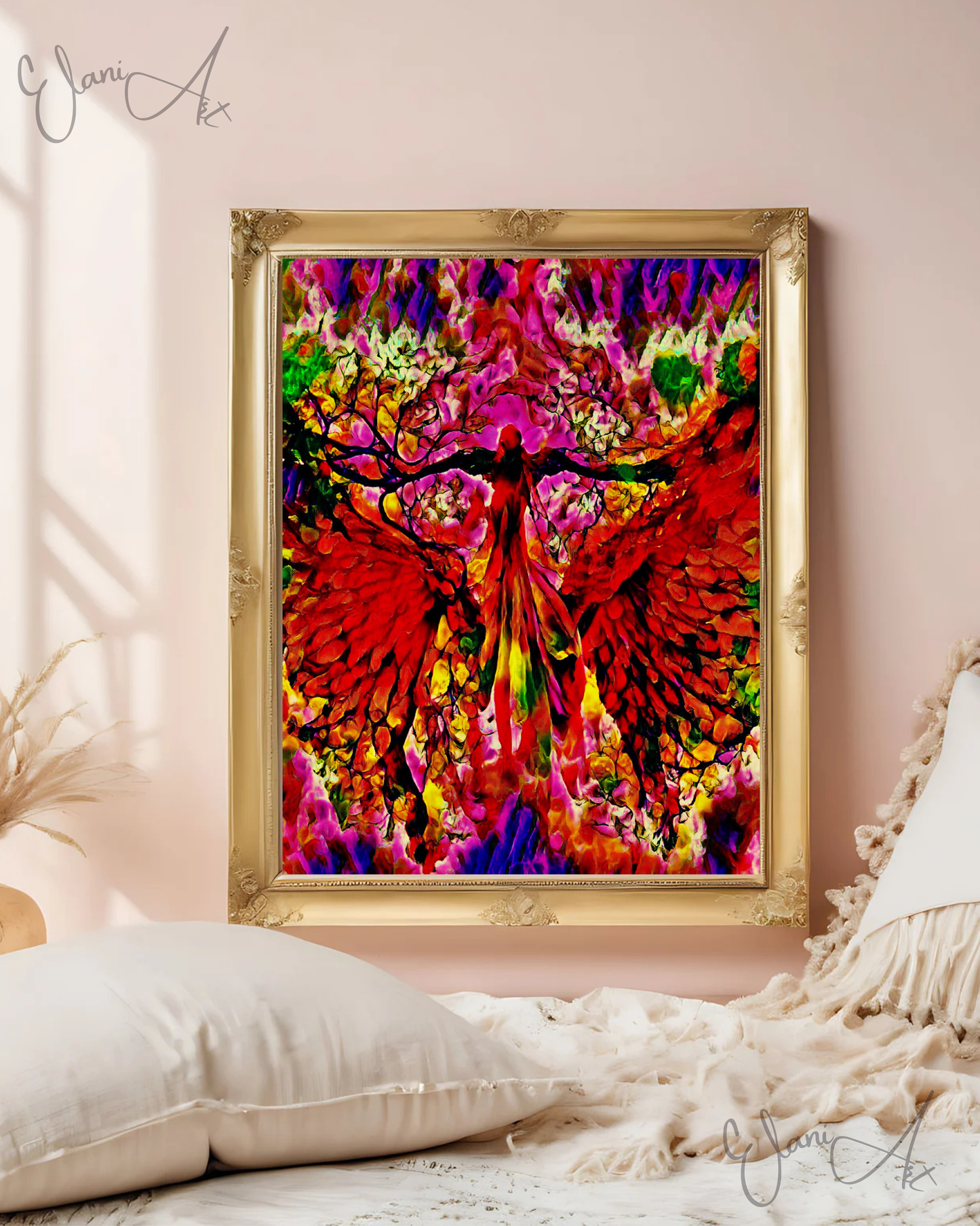ANGELIC - An Original Vibrant Red Pink Colorful Angel in Heaven Sky Wings Spread Feathers Impressionistic Wall Artwork Print by ElaniArt