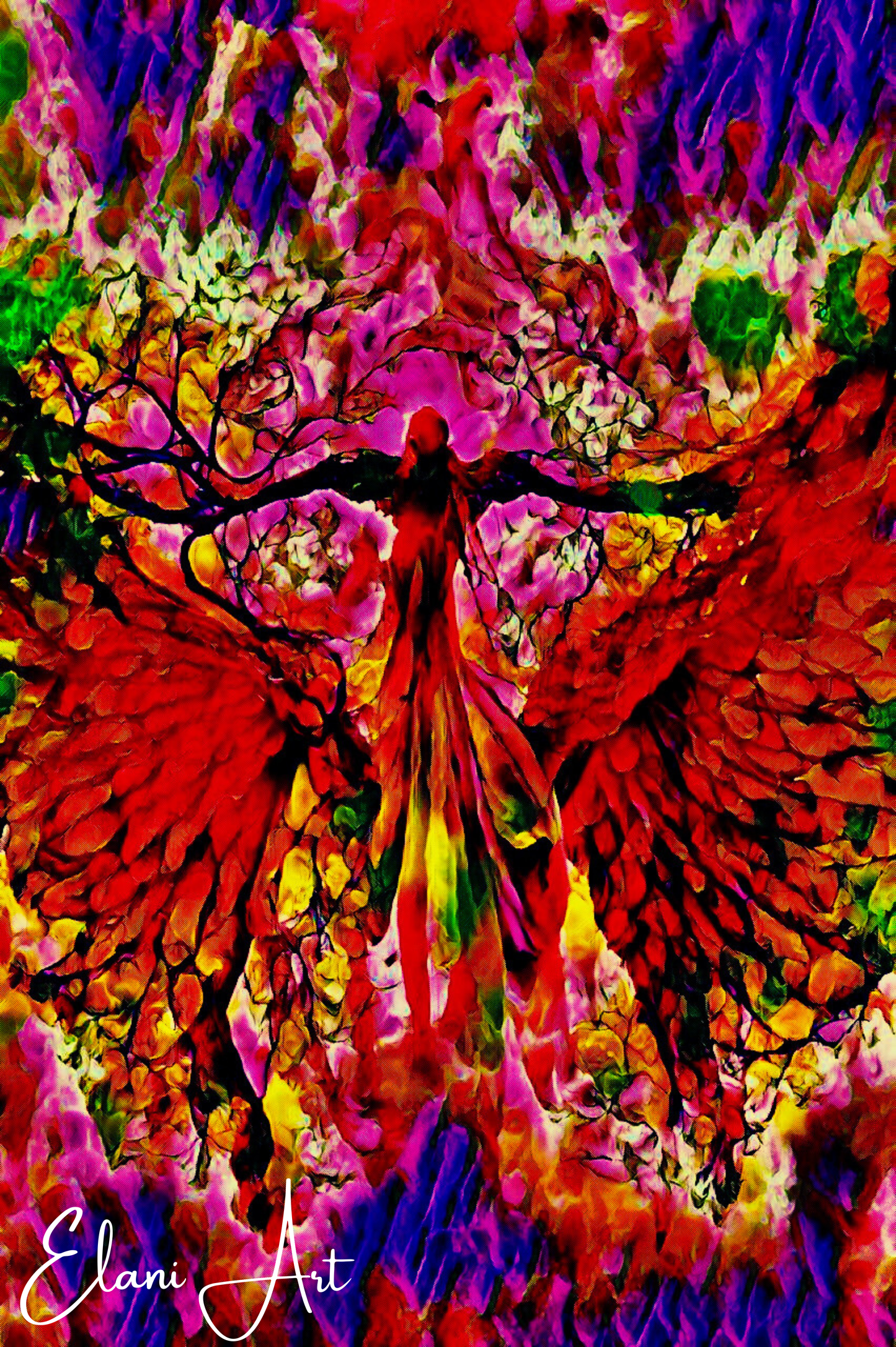 ANGELIC - An Original Vibrant Red Pink Colorful Angel in Heaven Sky Wings Spread Feathers Impressionistic Wall Artwork Print by ElaniArt