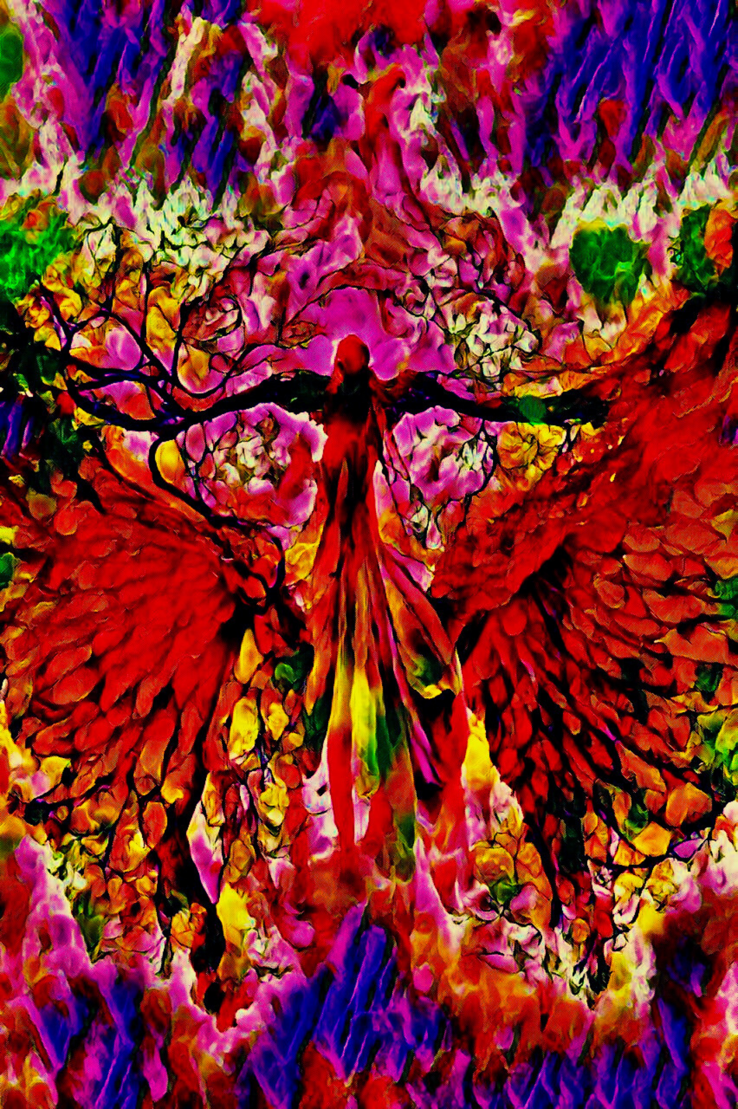 ANGELIC - An Original Vibrant Red Pink Colorful Angel in Heaven Sky Wings Spread Feathers Impressionistic Wall Artwork Print by ElaniArt