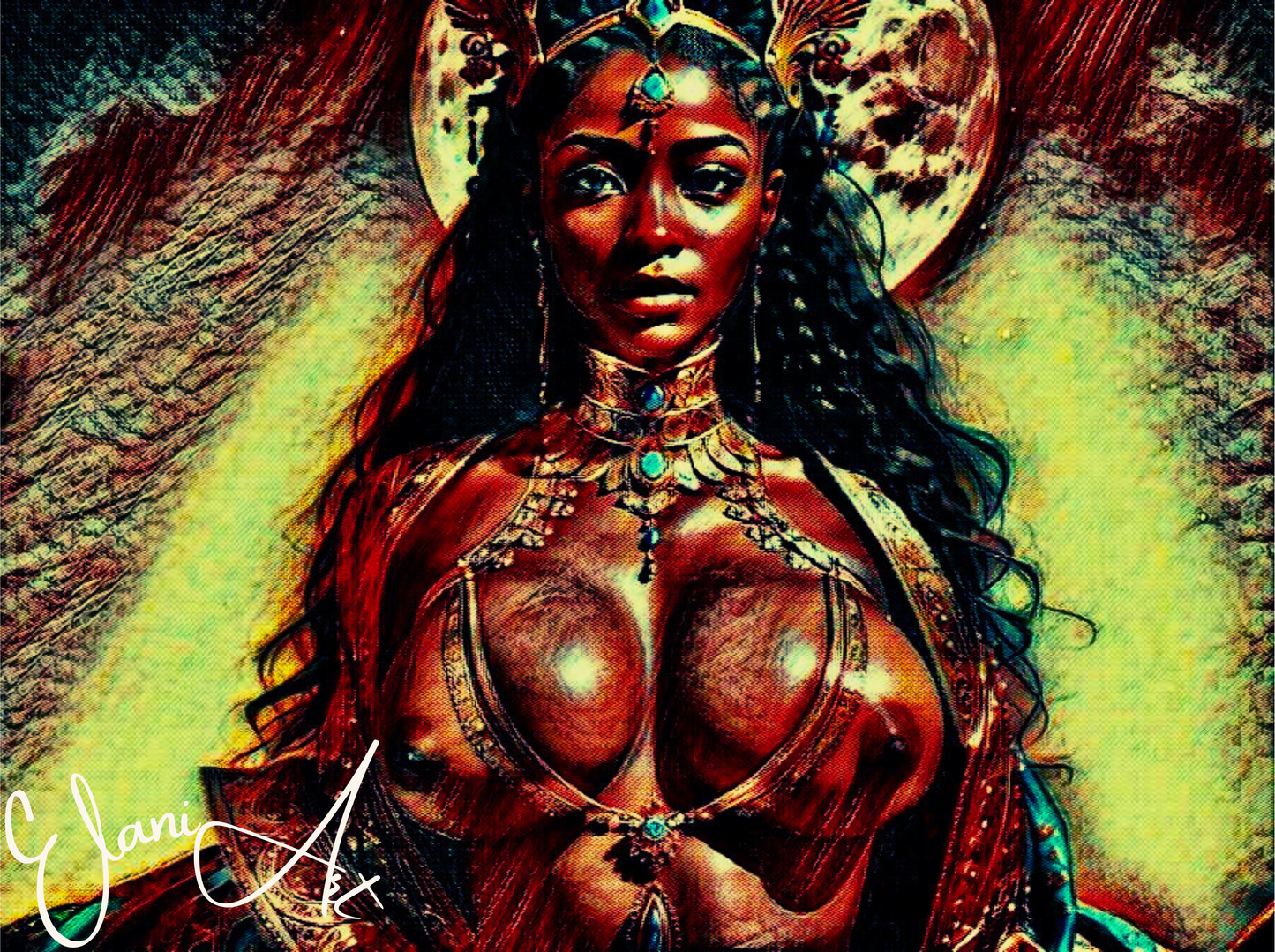 ATHENA - An Original Vibrant Brown Red Erotic Woman Jeweled Goddess of Wisdom Athena Impressionistic Artwork Print - Erotic Art by ElaniArt