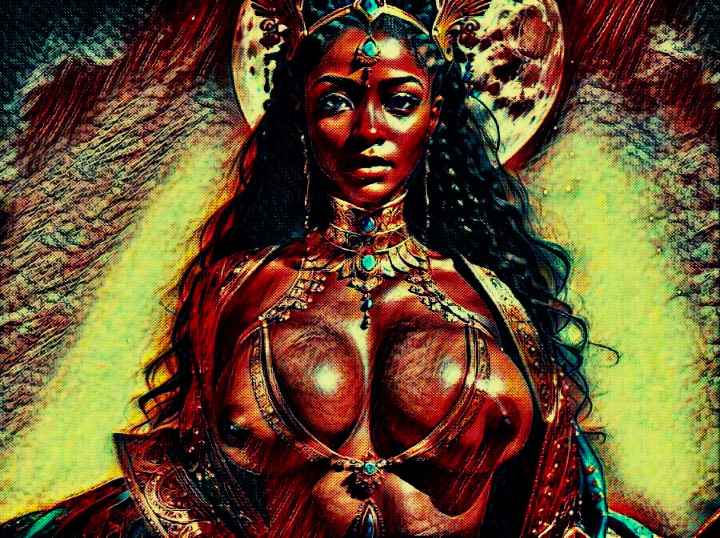 ATHENA - An Original Vibrant Brown Red Erotic Woman Jeweled Goddess of Wisdom Athena Impressionistic Artwork Print - Erotic Art by ElaniArt