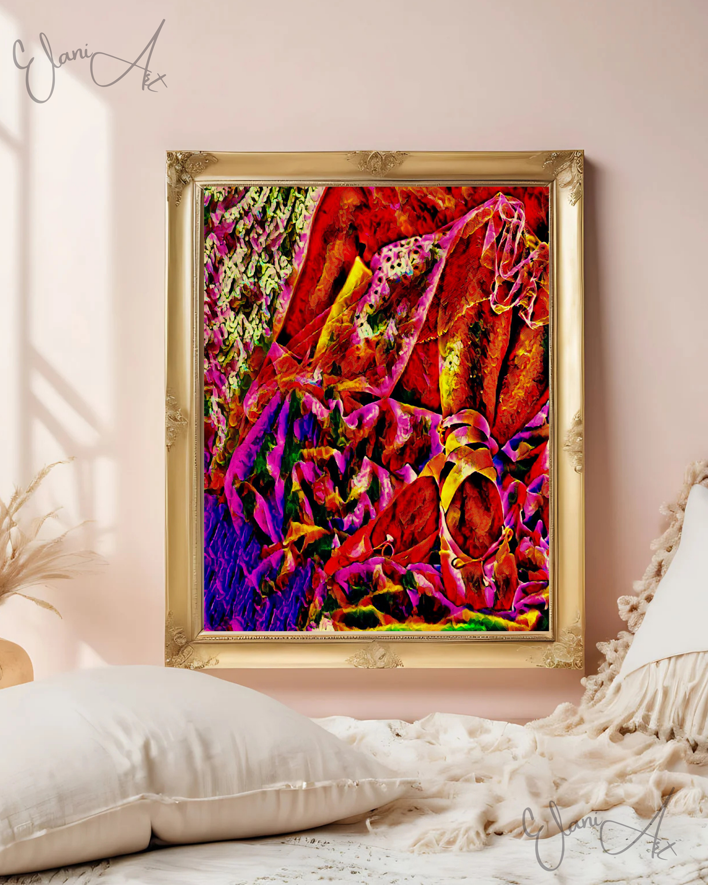 BALLERINA SHOES - An Original Vibrant Red Colorful Ballerina Sitting After Performance Shoes Impressionistic Wall Artwork Print by ElaniArt