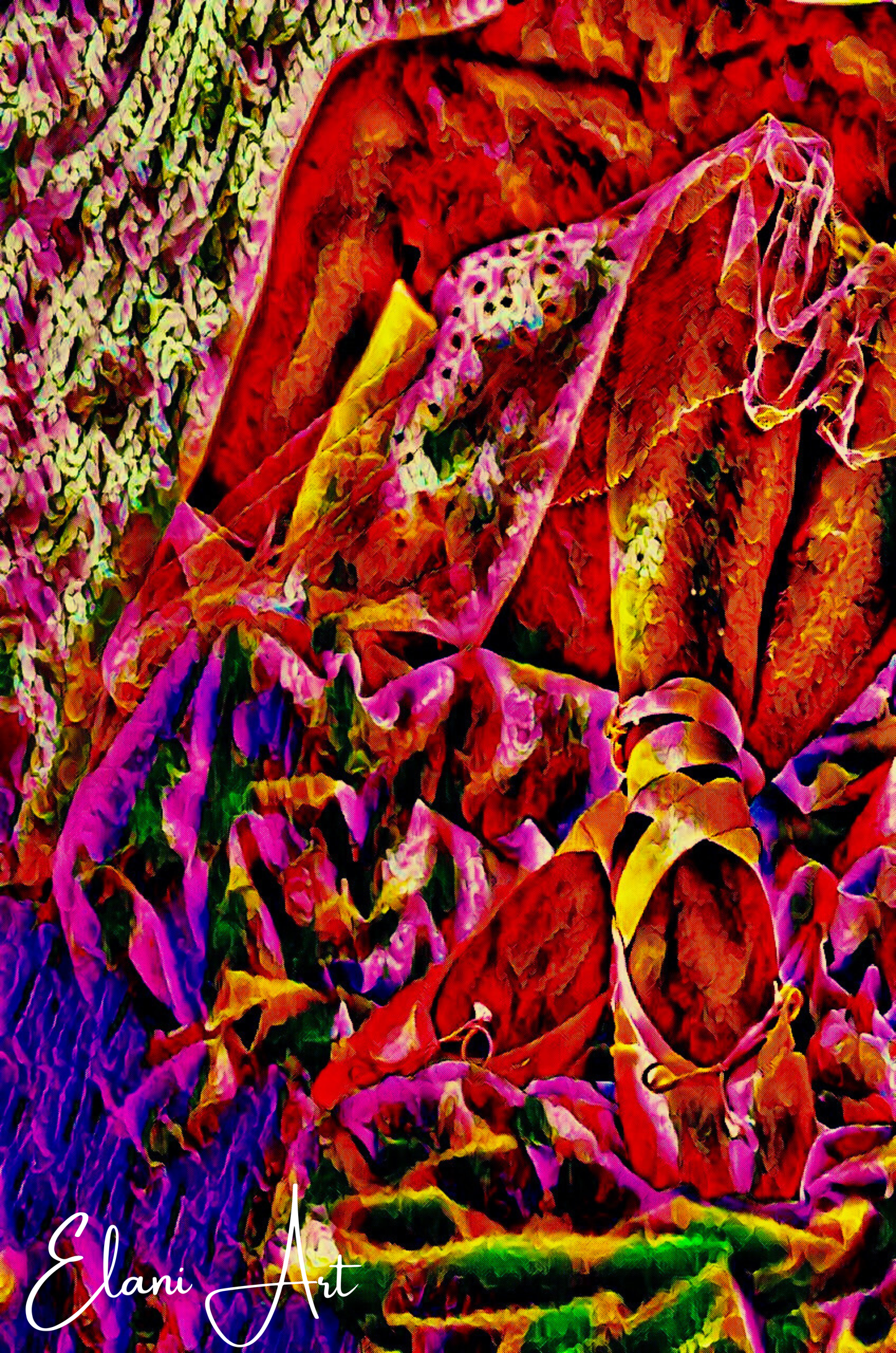 BALLERINA SHOES - An Original Vibrant Red Colorful Ballerina Sitting After Performance Shoes Impressionistic Wall Artwork Print by ElaniArt