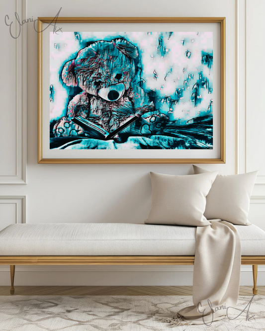 BEARTIME STORIES - An Original Vibrant Colorful Blue Stuffed Teddy Bear Reading BedTime Story Impressionistic Wall Artwork Print by ElaniArt