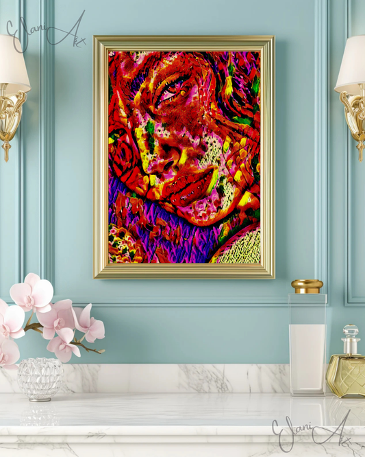 BEDROOM EYES - An Original Vibrant Red Yellow Purple Colorful Woman Staring Seductively Portrait Impressionistic Artwork Print by ElaniArt
