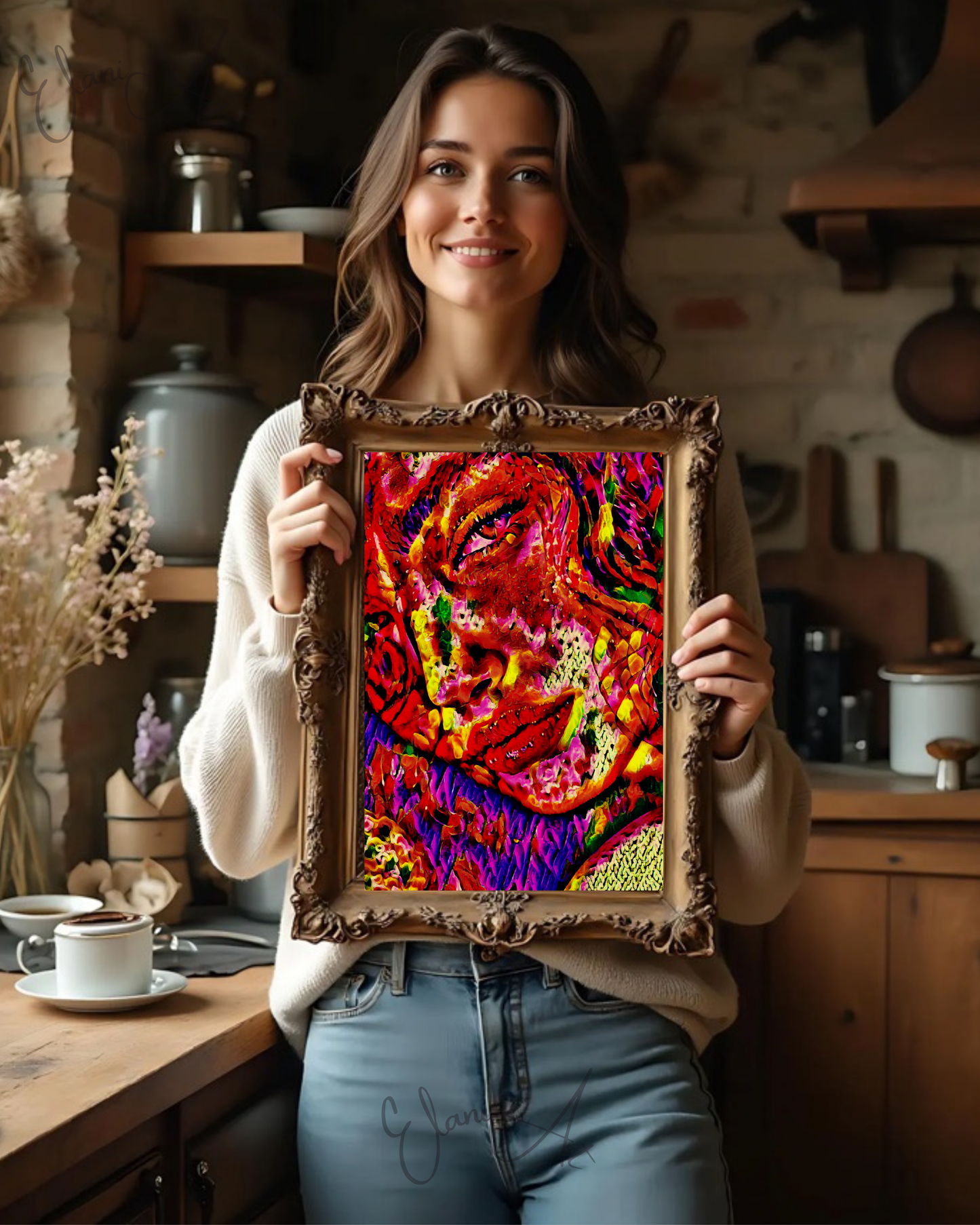 BEDROOM EYES - An Original Vibrant Red Yellow Purple Colorful Woman Staring Seductively Portrait Impressionistic Artwork Print by ElaniArt