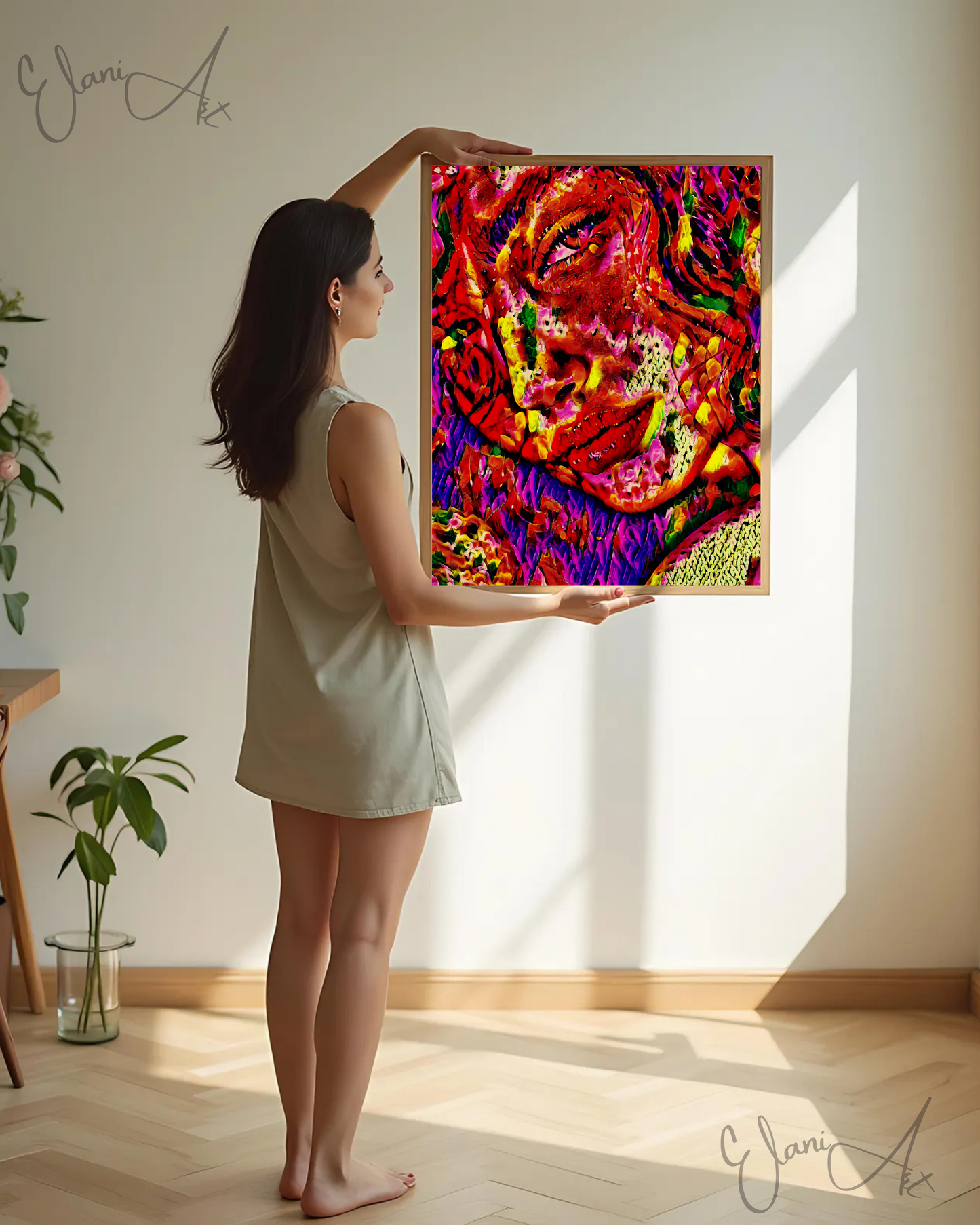 BEDROOM EYES - An Original Vibrant Red Yellow Purple Colorful Woman Staring Seductively Portrait Impressionistic Artwork Print by ElaniArt