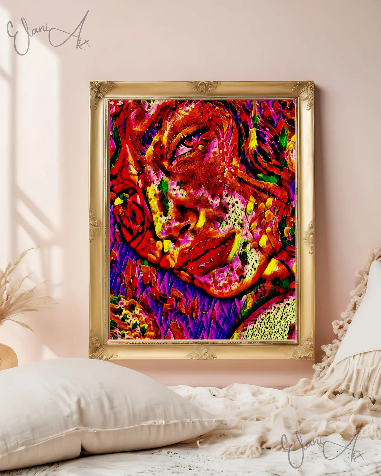 BEDROOM EYES - An Original Vibrant Red Yellow Purple Colorful Woman Staring Seductively Portrait Impressionistic Artwork Print by ElaniArt