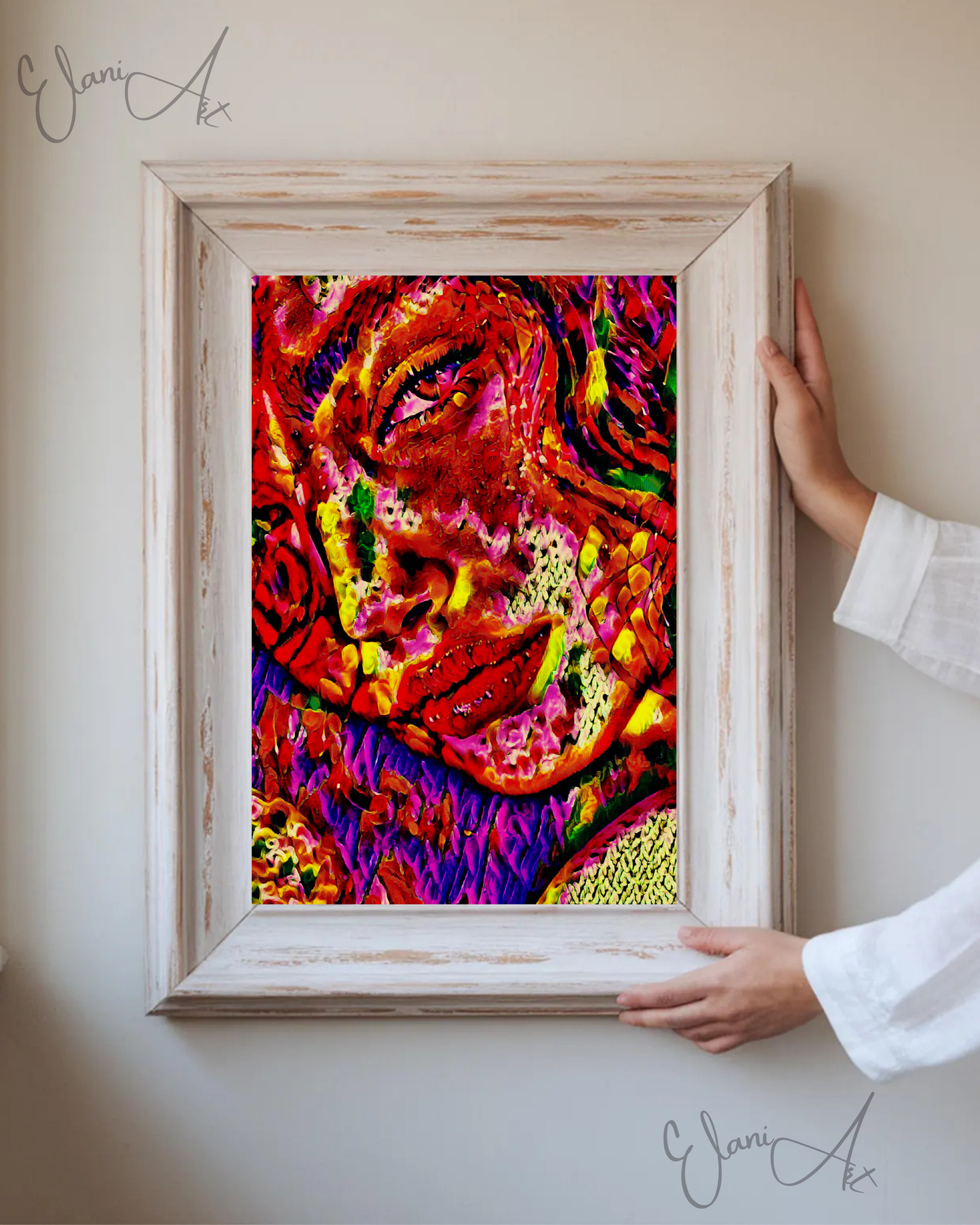 BEDROOM EYES - An Original Vibrant Red Yellow Purple Colorful Woman Staring Seductively Portrait Impressionistic Artwork Print by ElaniArt