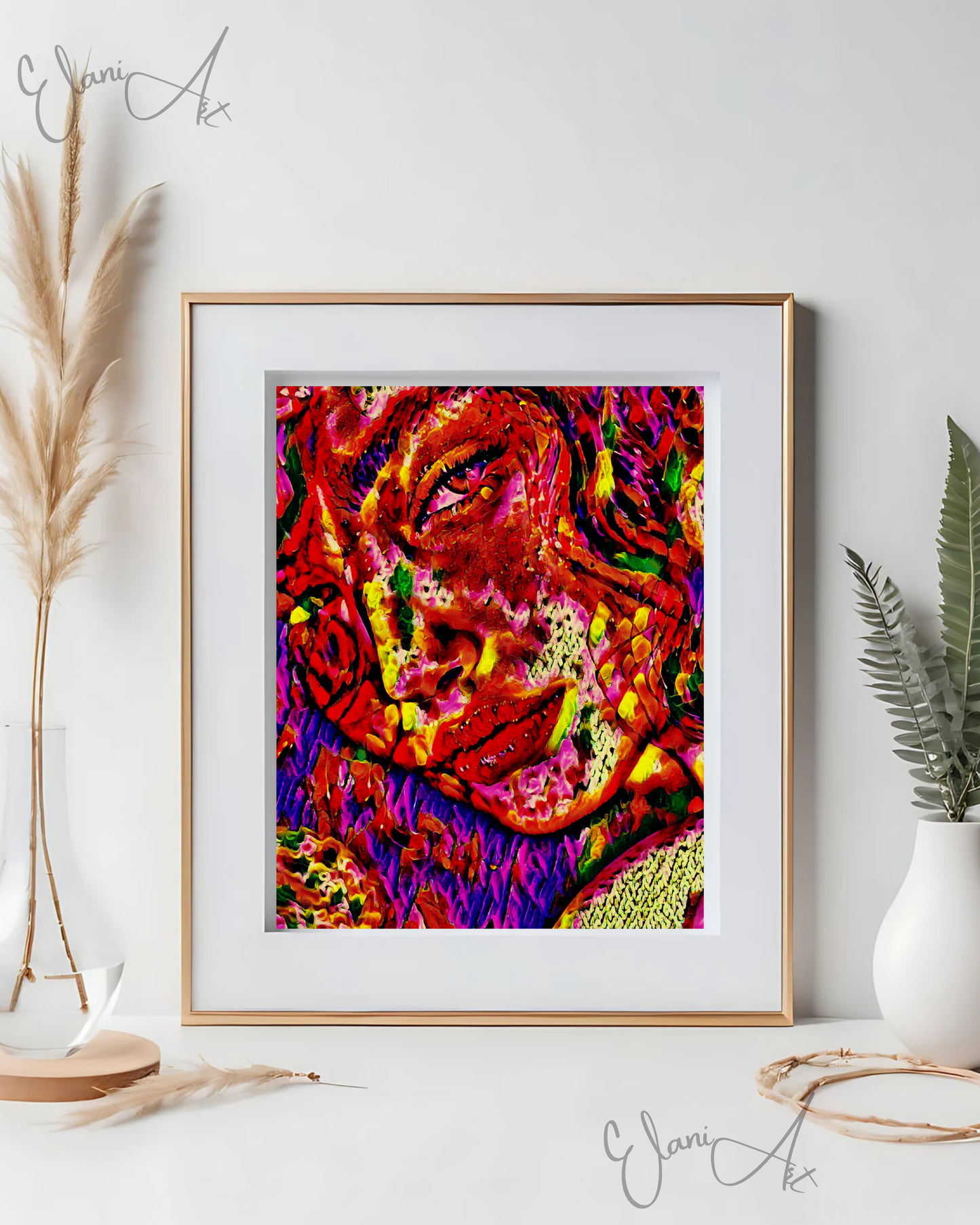 BEDROOM EYES - An Original Vibrant Red Yellow Purple Colorful Woman Staring Seductively Portrait Impressionistic Artwork Print by ElaniArt