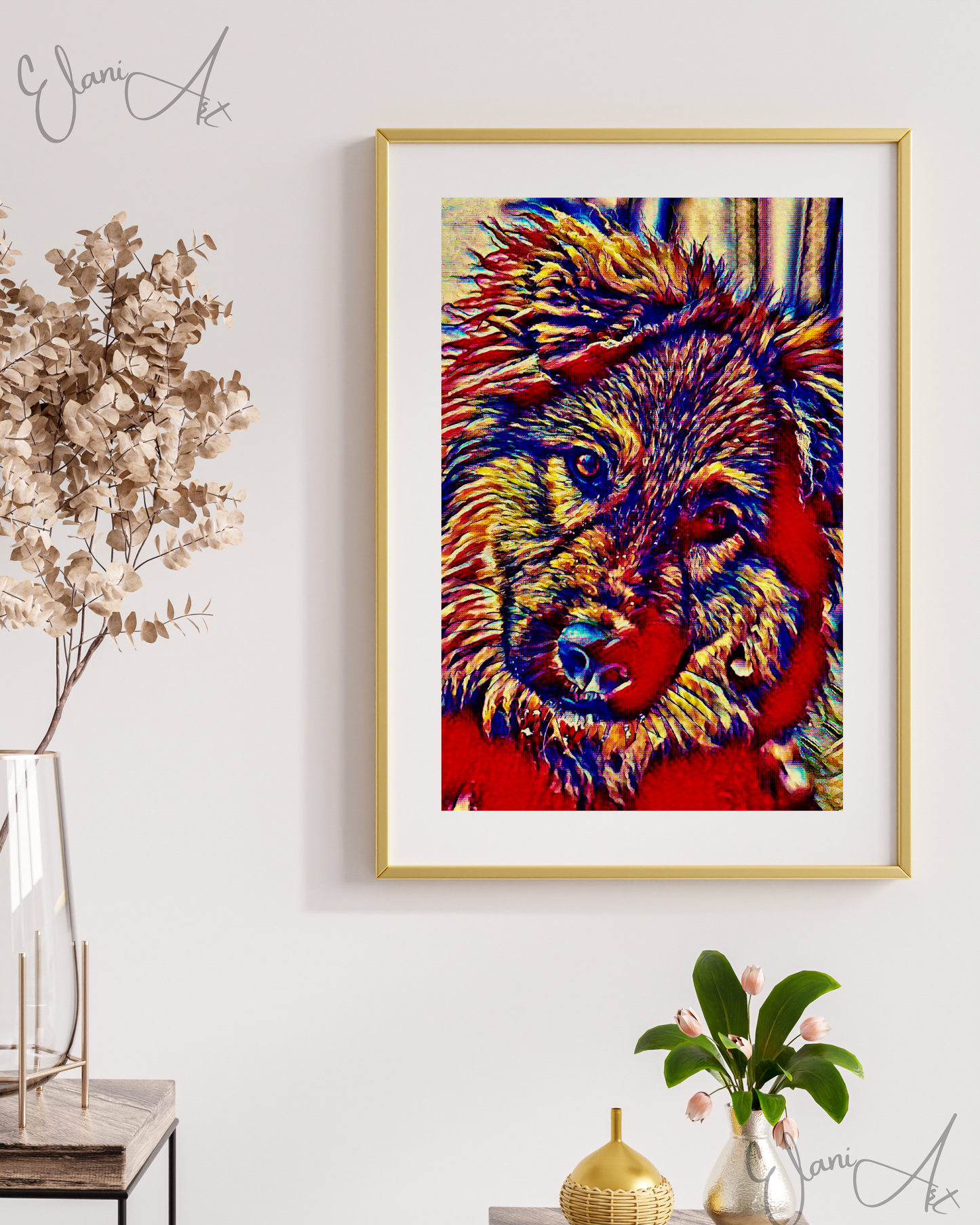 BEST FRIEND - An Original Vibrant Red Colorful Dog Animal Close-Up Portrait Man's Best Friend Impressionistic Wall Artwork Print by ElaniArt