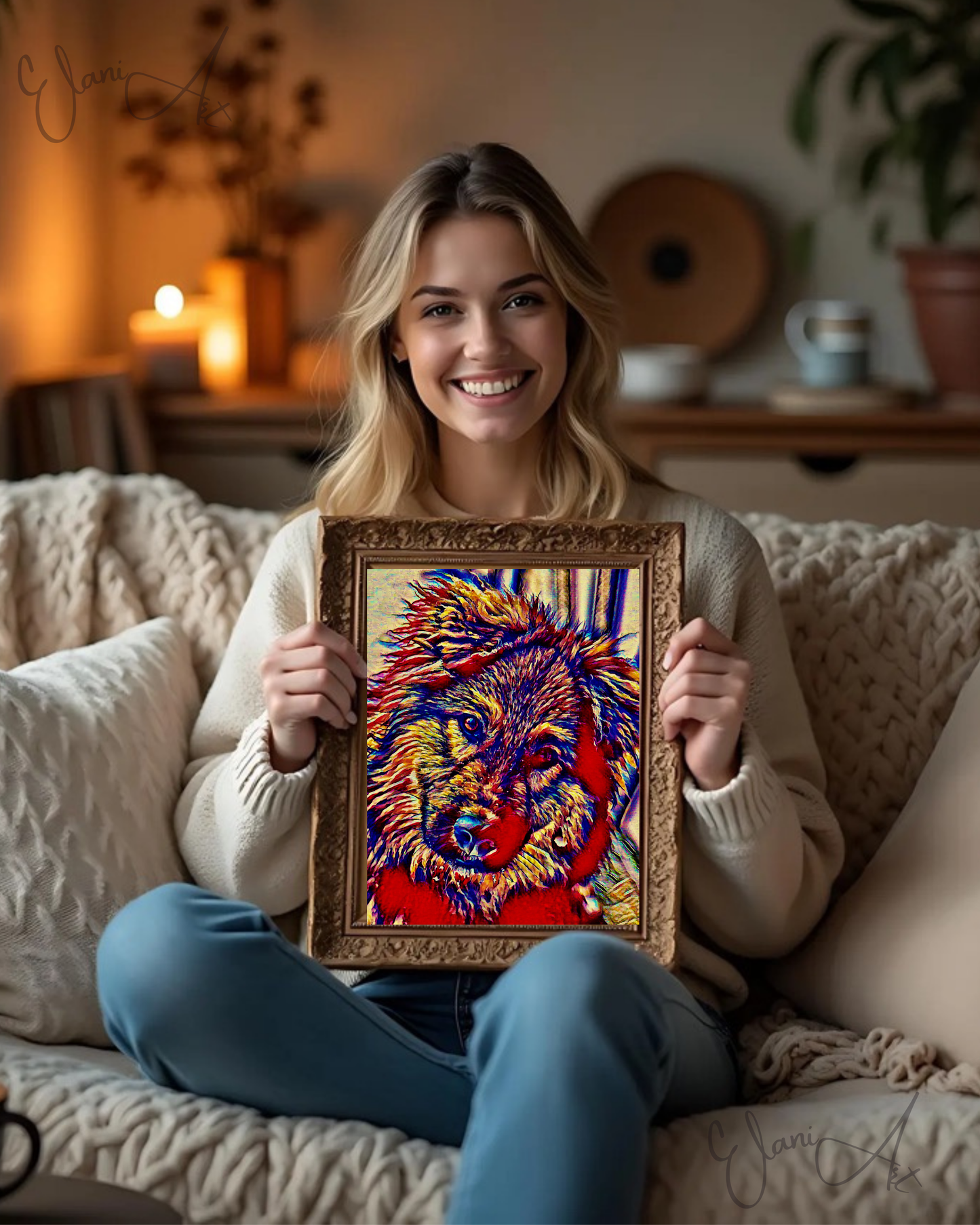 BEST FRIEND - An Original Vibrant Red Colorful Dog Animal Close-Up Portrait Man's Best Friend Impressionistic Wall Artwork Print by ElaniArt