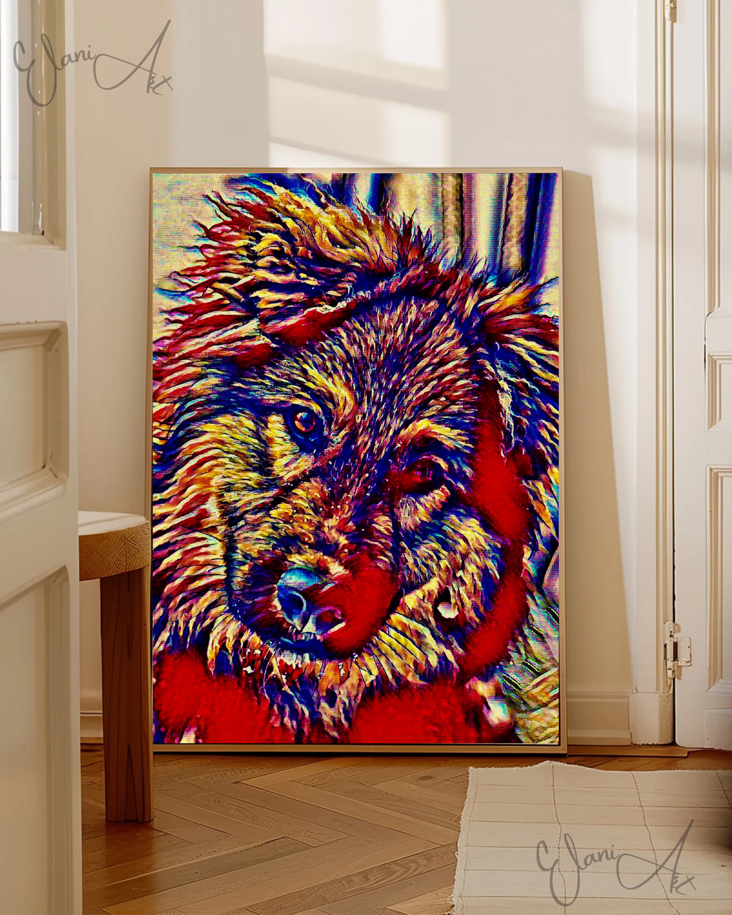 BEST FRIEND - An Original Vibrant Red Colorful Dog Animal Close-Up Portrait Man's Best Friend Impressionistic Wall Artwork Print by ElaniArt