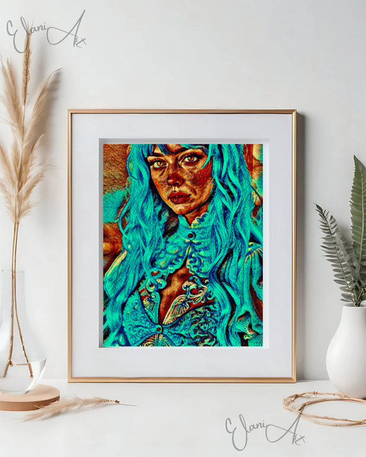 BLU - An Original Vibrant Blue Green Teal Haired Woman Portrait Brown Eyes Lace Dress Impressionistic Wall Artwork Print by ElaniArt