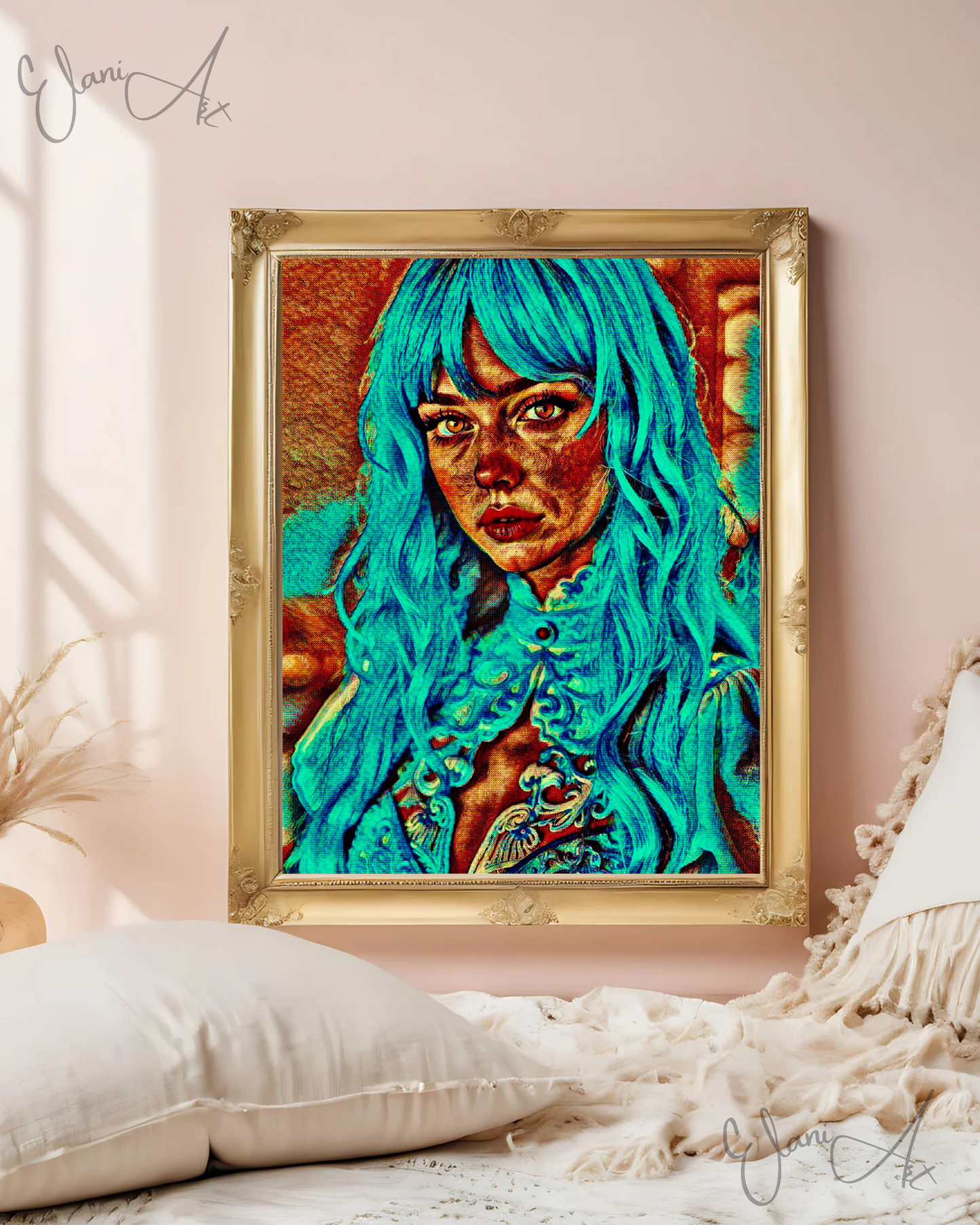 BLU - An Original Vibrant Blue Green Teal Haired Woman Portrait Brown Eyes Lace Dress Impressionistic Wall Artwork Print by ElaniArt
