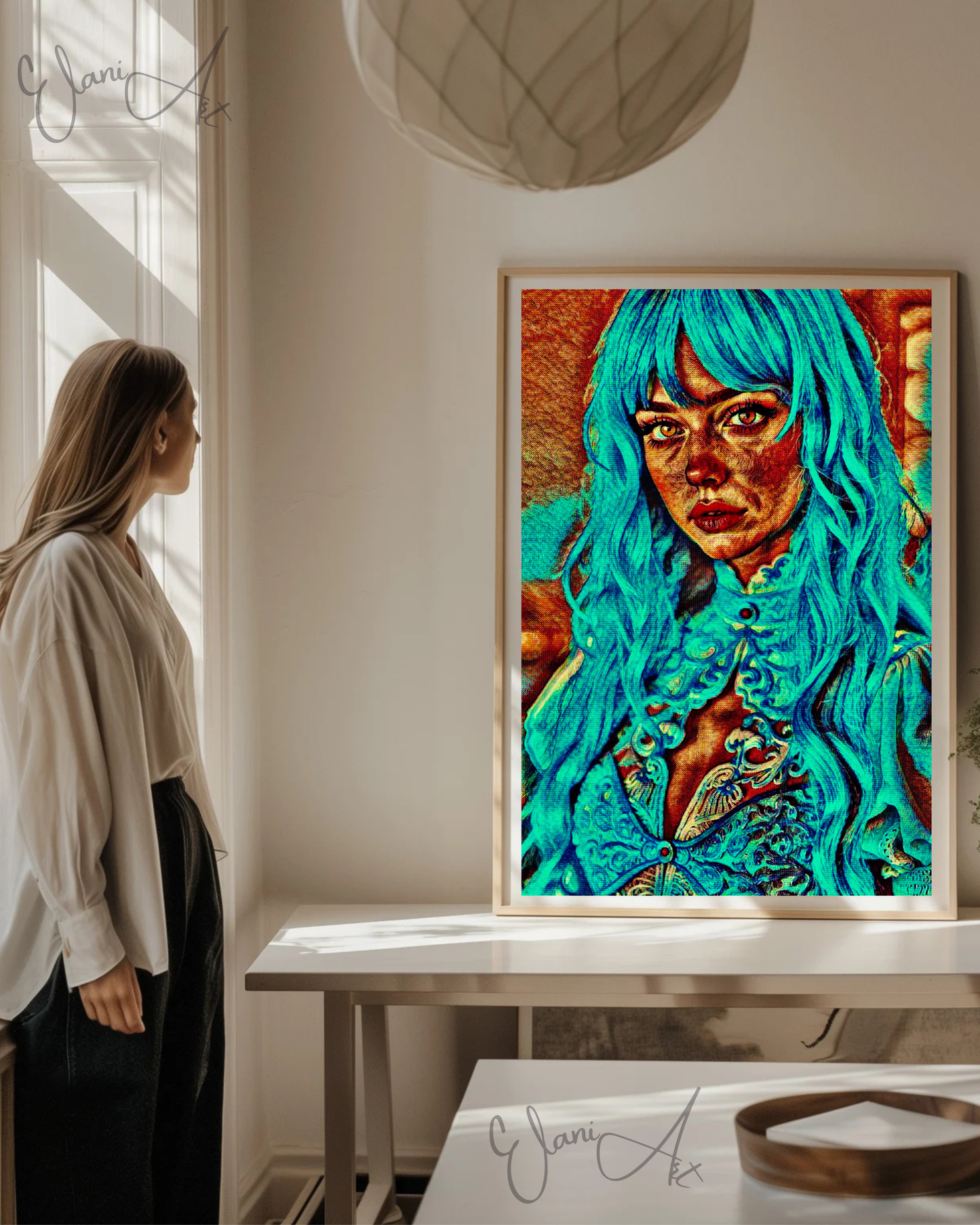 BLU - An Original Vibrant Blue Green Teal Haired Woman Portrait Brown Eyes Lace Dress Impressionistic Wall Artwork Print by ElaniArt