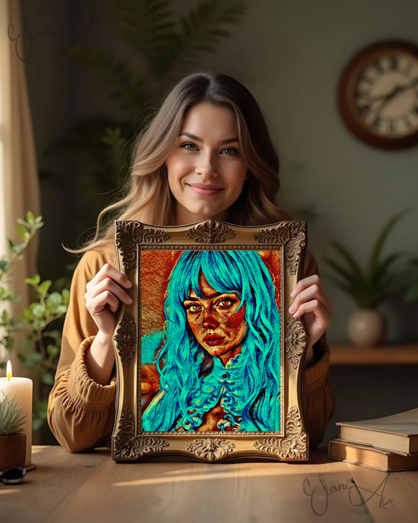 BLU - An Original Vibrant Blue Green Teal Haired Woman Portrait Brown Eyes Lace Dress Impressionistic Wall Artwork Print by ElaniArt