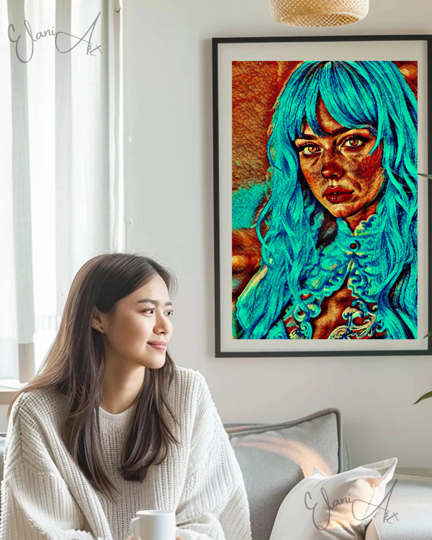 BLU - An Original Vibrant Blue Green Teal Haired Woman Portrait Brown Eyes Lace Dress Impressionistic Wall Artwork Print by ElaniArt