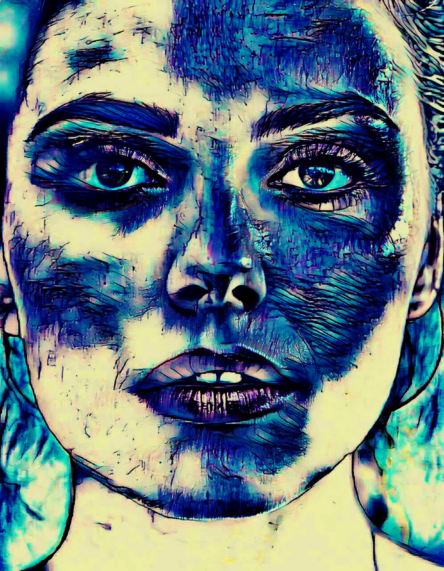 BLUE FACE - An Original Vibrant Blue Woman Expressive Portraiture Open-Mouth Lipstick Impressionistic Wall Artwork Print by ElaniArt