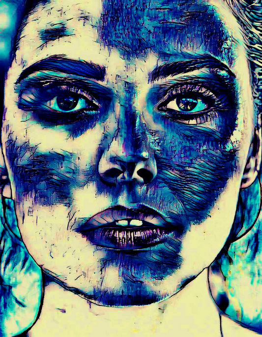 BLUE FACE - An Original Vibrant Blue Woman Expressive Portraiture Open-Mouth Lipstick Impressionistic Wall Artwork Print by ElaniArt