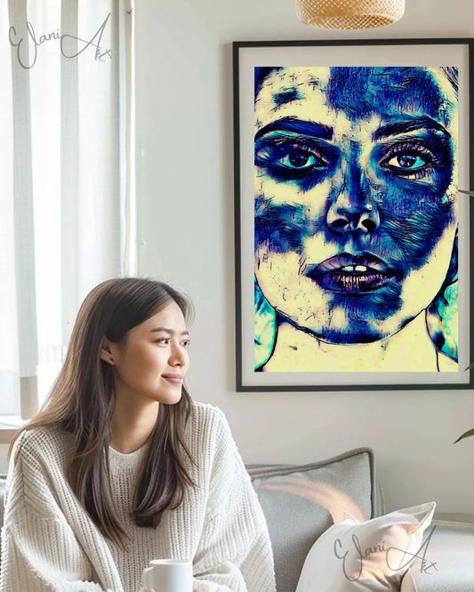 BLUE FACE - An Original Vibrant Blue Woman Expressive Portraiture Open-Mouth Lipstick Impressionistic Wall Artwork Print by ElaniArt