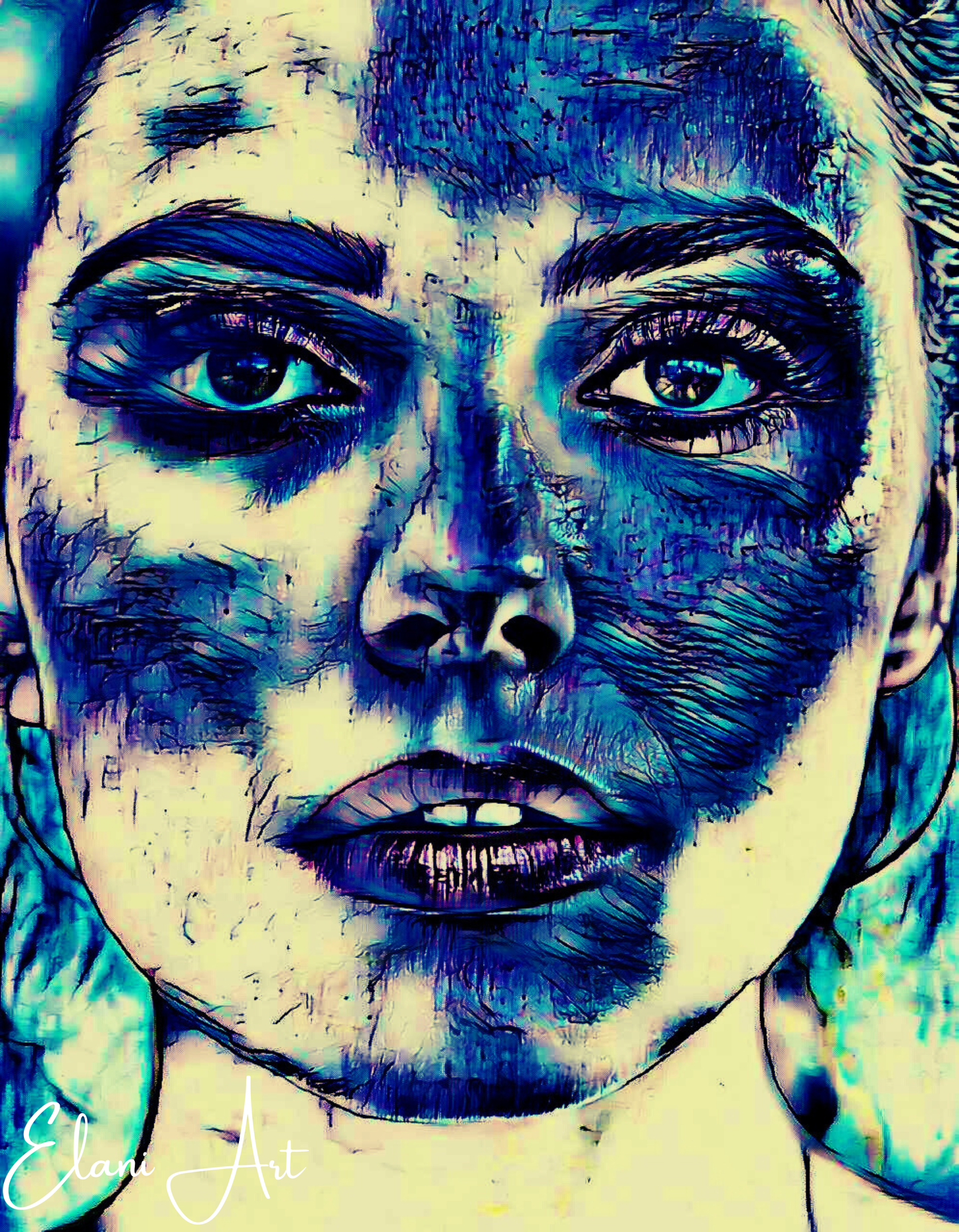 BLUE FACE - An Original Vibrant Blue Woman Expressive Portraiture Open-Mouth Lipstick Impressionistic Wall Artwork Print by ElaniArt