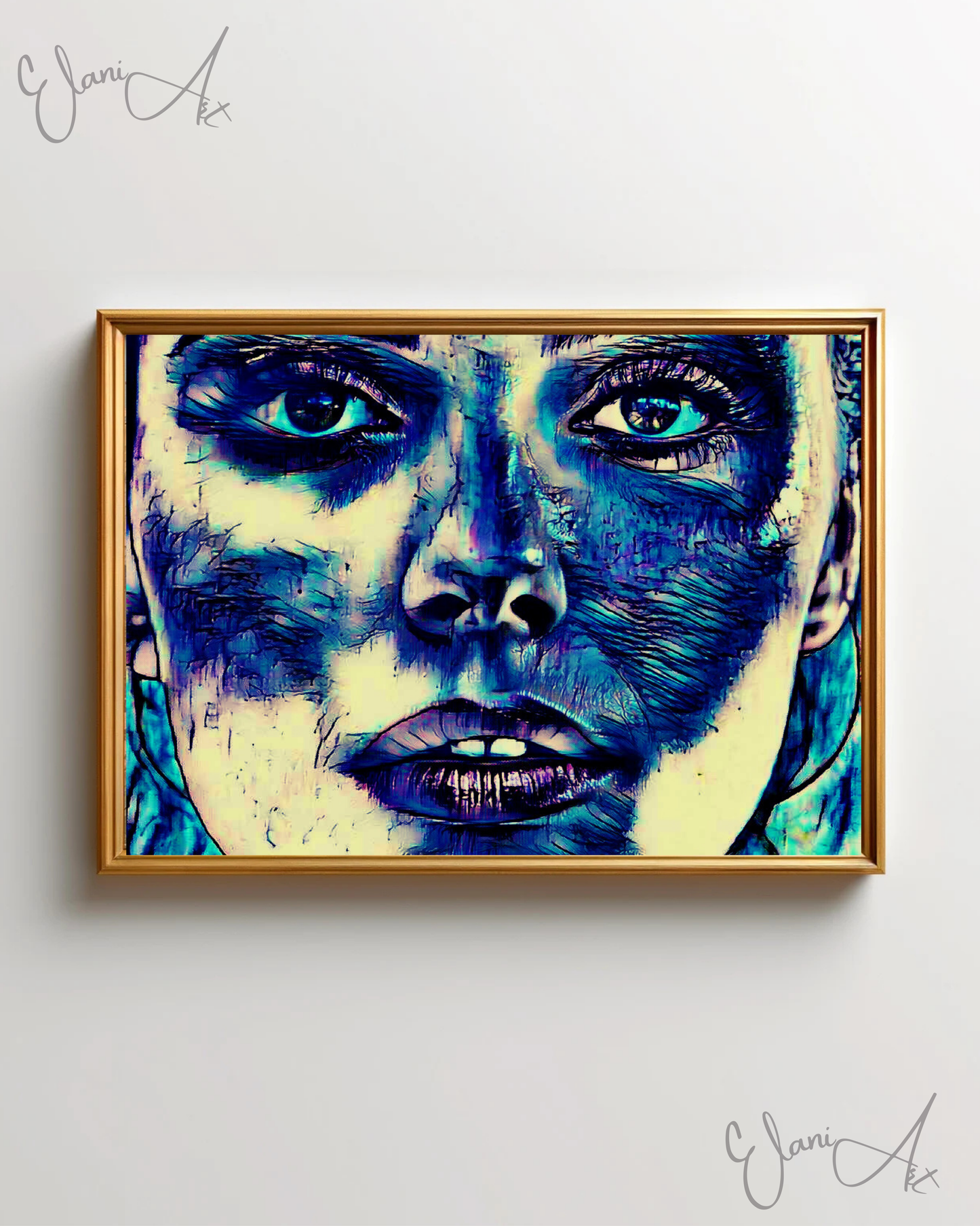 BLUE FACE - An Original Vibrant Blue Woman Expressive Portraiture Open-Mouth Lipstick Impressionistic Wall Artwork Print by ElaniArt