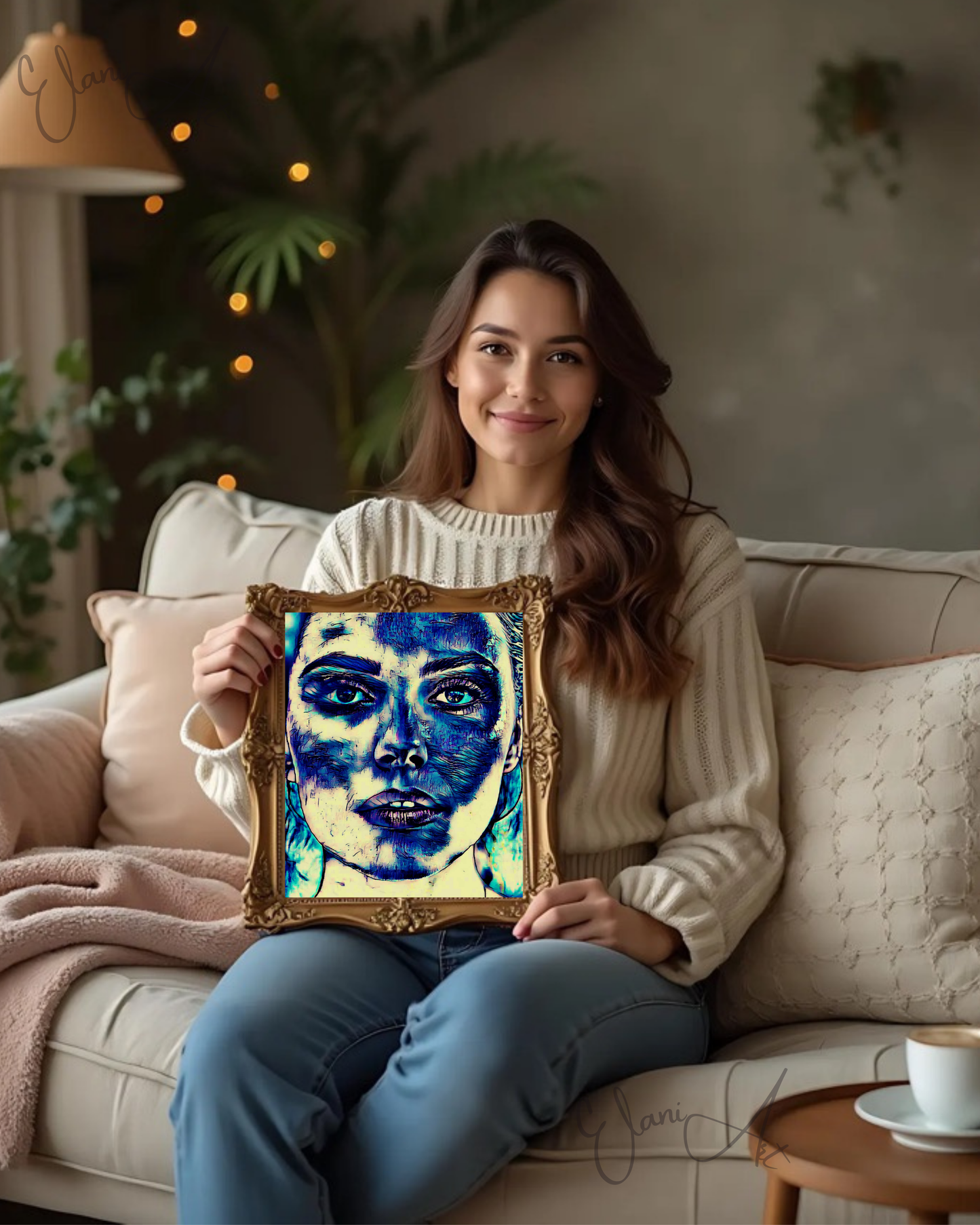 BLUE FACE - An Original Vibrant Blue Woman Expressive Portraiture Open-Mouth Lipstick Impressionistic Wall Artwork Print by ElaniArt