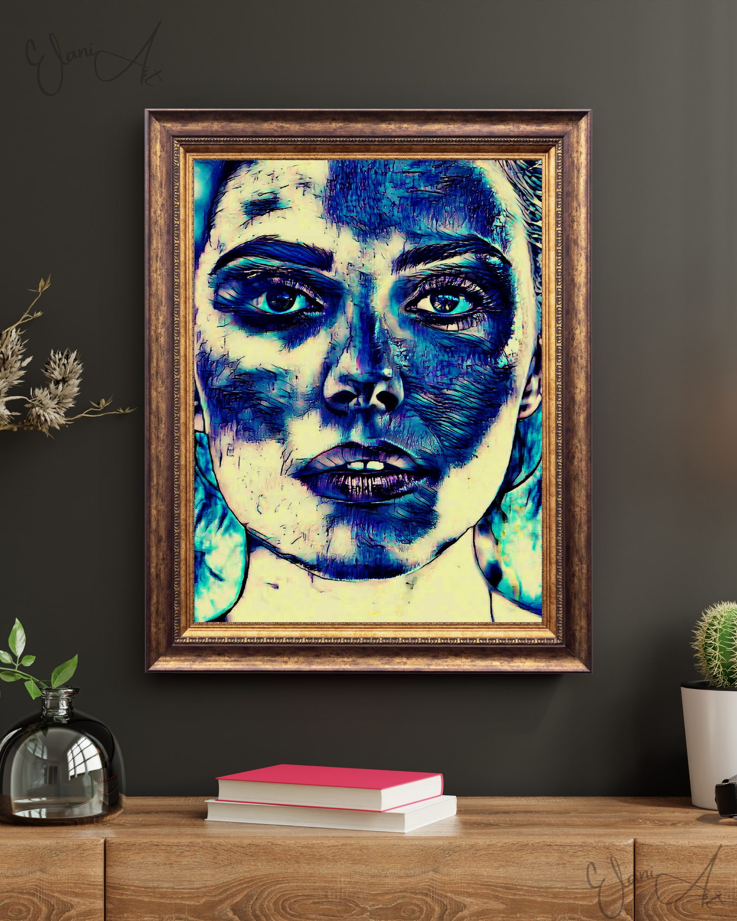 BLUE FACE - An Original Vibrant Blue Woman Expressive Portraiture Open-Mouth Lipstick Impressionistic Wall Artwork Print by ElaniArt