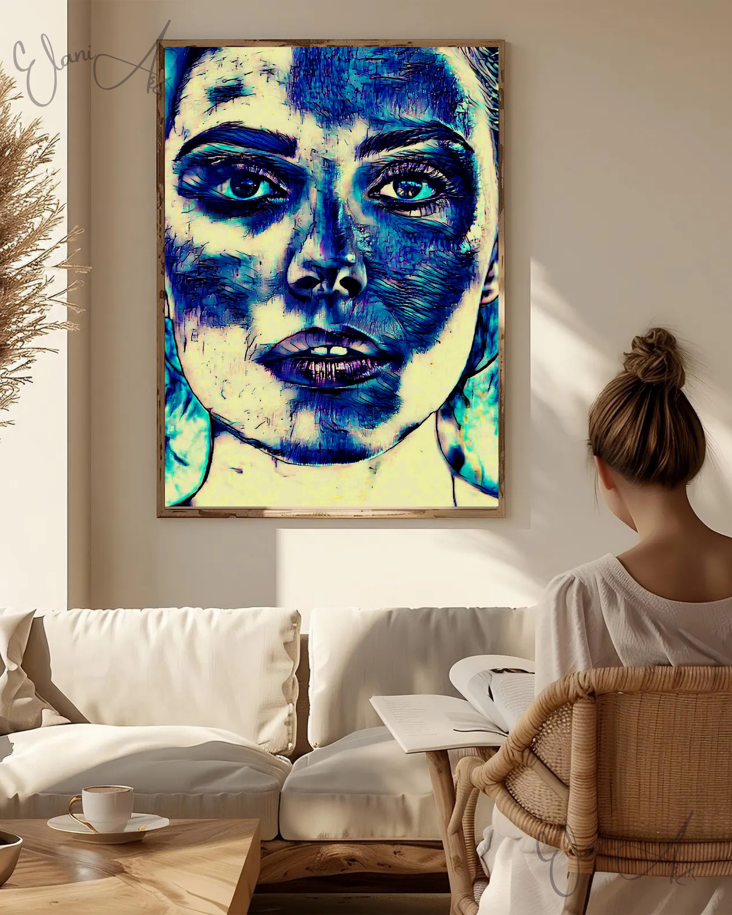 BLUE FACE - An Original Vibrant Blue Woman Expressive Portraiture Open-Mouth Lipstick Impressionistic Wall Artwork Print by ElaniArt