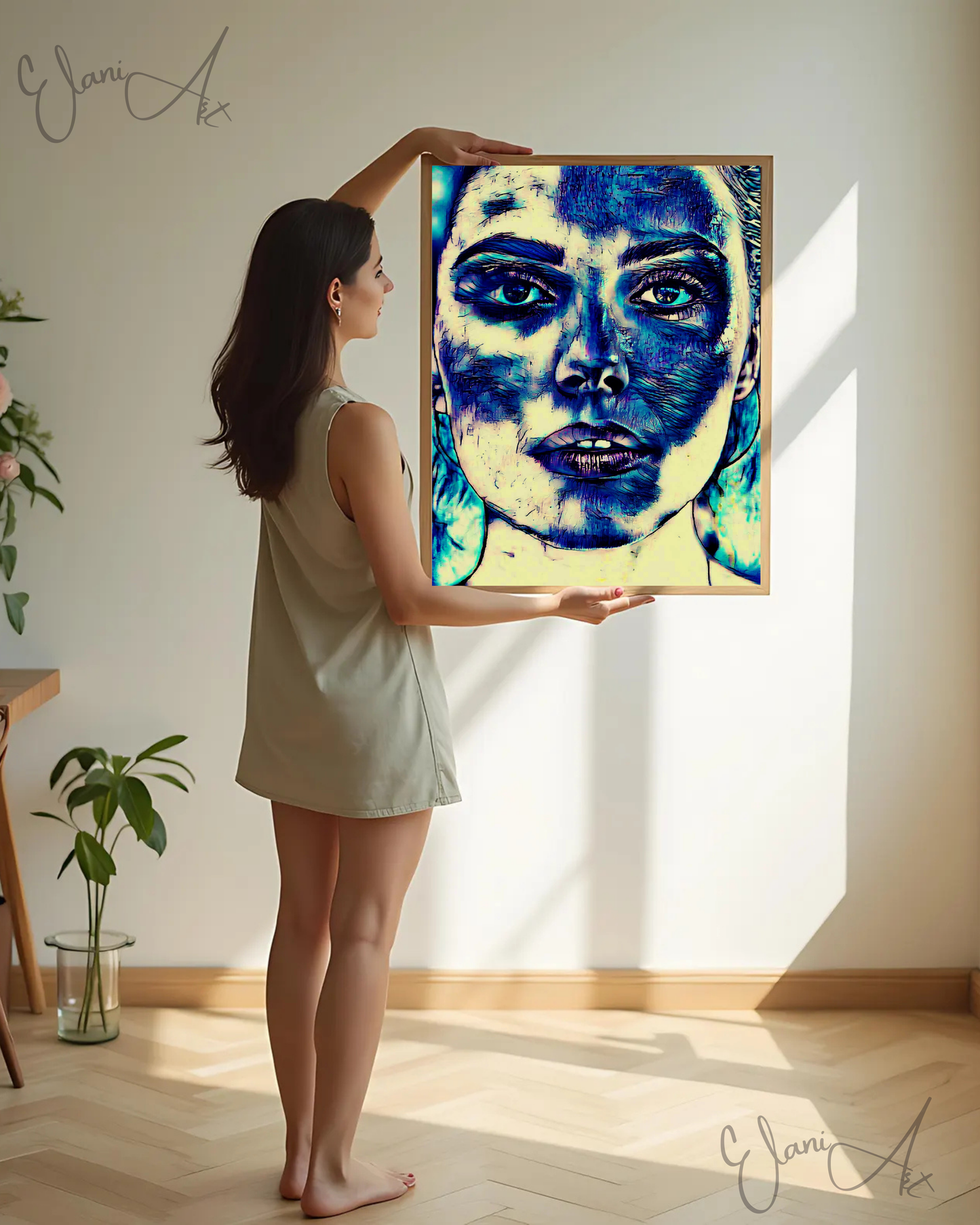 BLUE FACE - An Original Vibrant Blue Woman Expressive Portraiture Open-Mouth Lipstick Impressionistic Wall Artwork Print by ElaniArt