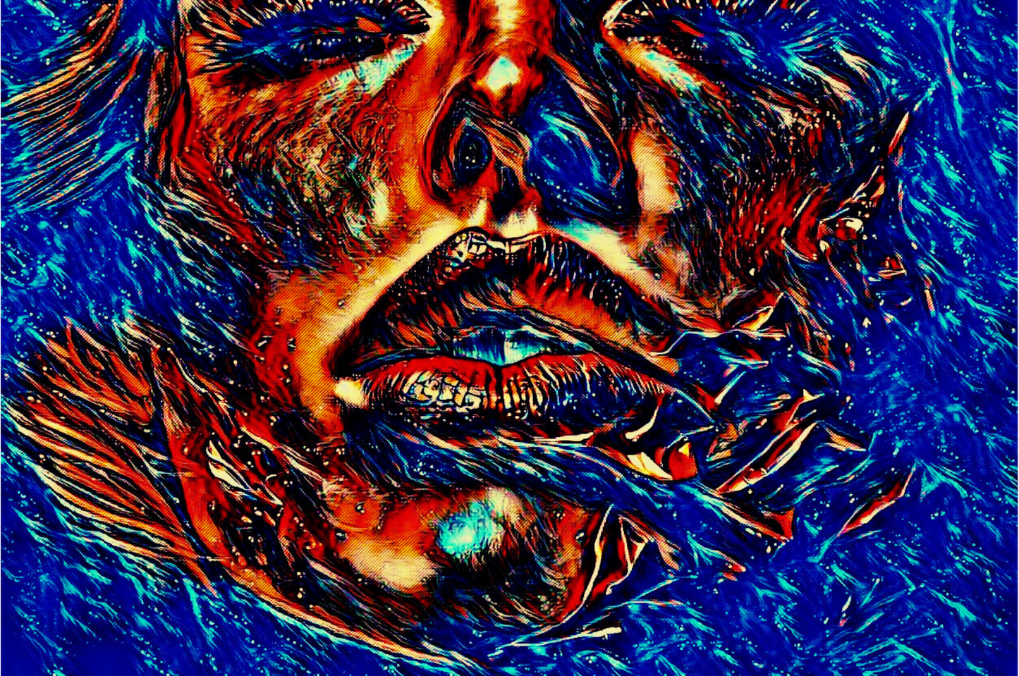 BLUE HUES - An Original Vibrant Blue Woman Bold Parted Lips Staring Eyes with Lashes Portrait Impressionistic Wall Artwork Print by ElaniArt