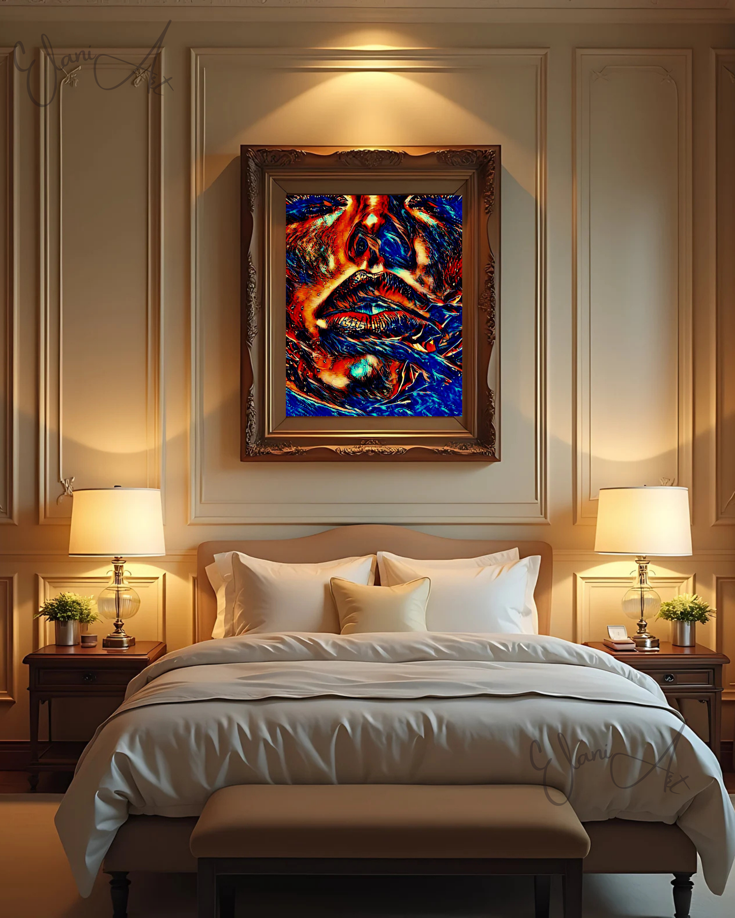 BLUE HUES - An Original Vibrant Blue Woman Bold Parted Lips Staring Eyes with Lashes Portrait Impressionistic Wall Artwork Print by ElaniArt