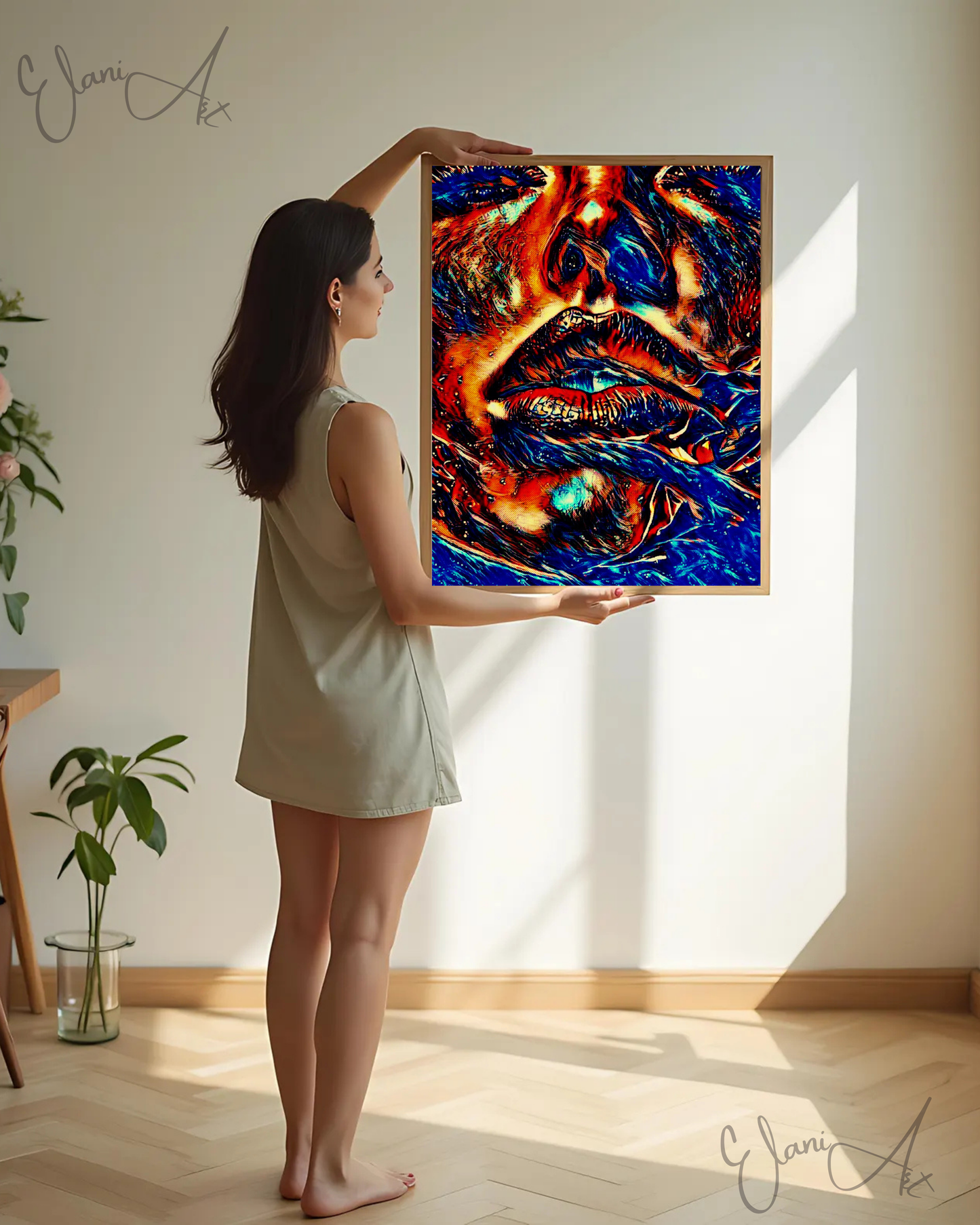 BLUE HUES - An Original Vibrant Blue Woman Bold Parted Lips Staring Eyes with Lashes Portrait Impressionistic Wall Artwork Print by ElaniArt