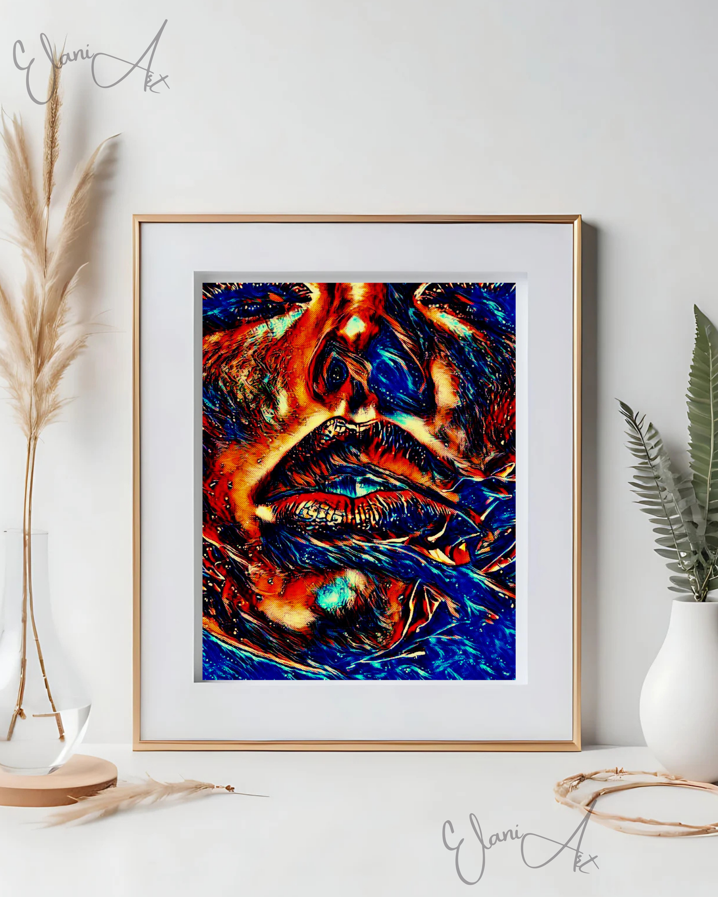 BLUE HUES - An Original Vibrant Blue Woman Bold Parted Lips Staring Eyes with Lashes Portrait Impressionistic Wall Artwork Print by ElaniArt