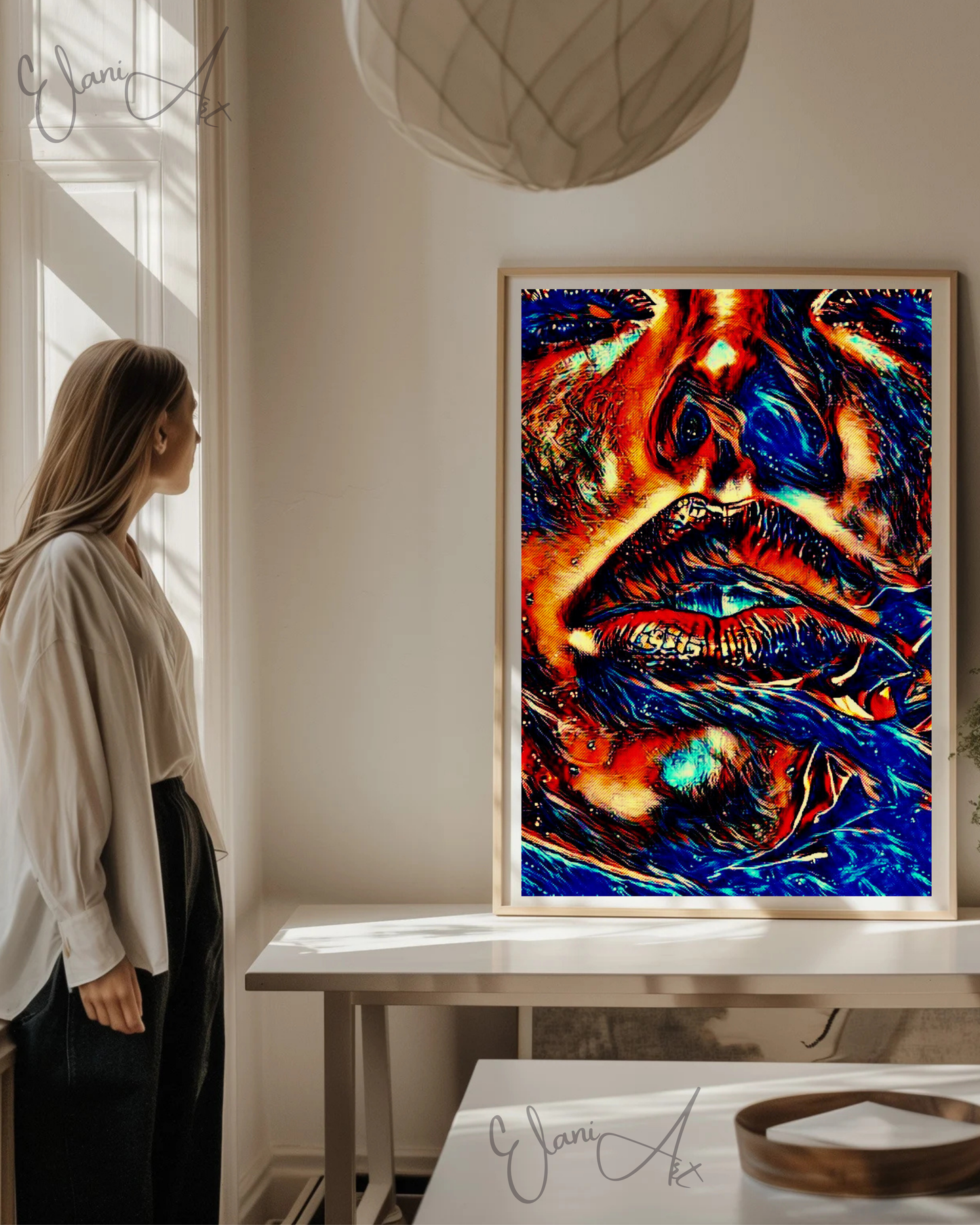 BLUE HUES - An Original Vibrant Blue Woman Bold Parted Lips Staring Eyes with Lashes Portrait Impressionistic Wall Artwork Print by ElaniArt