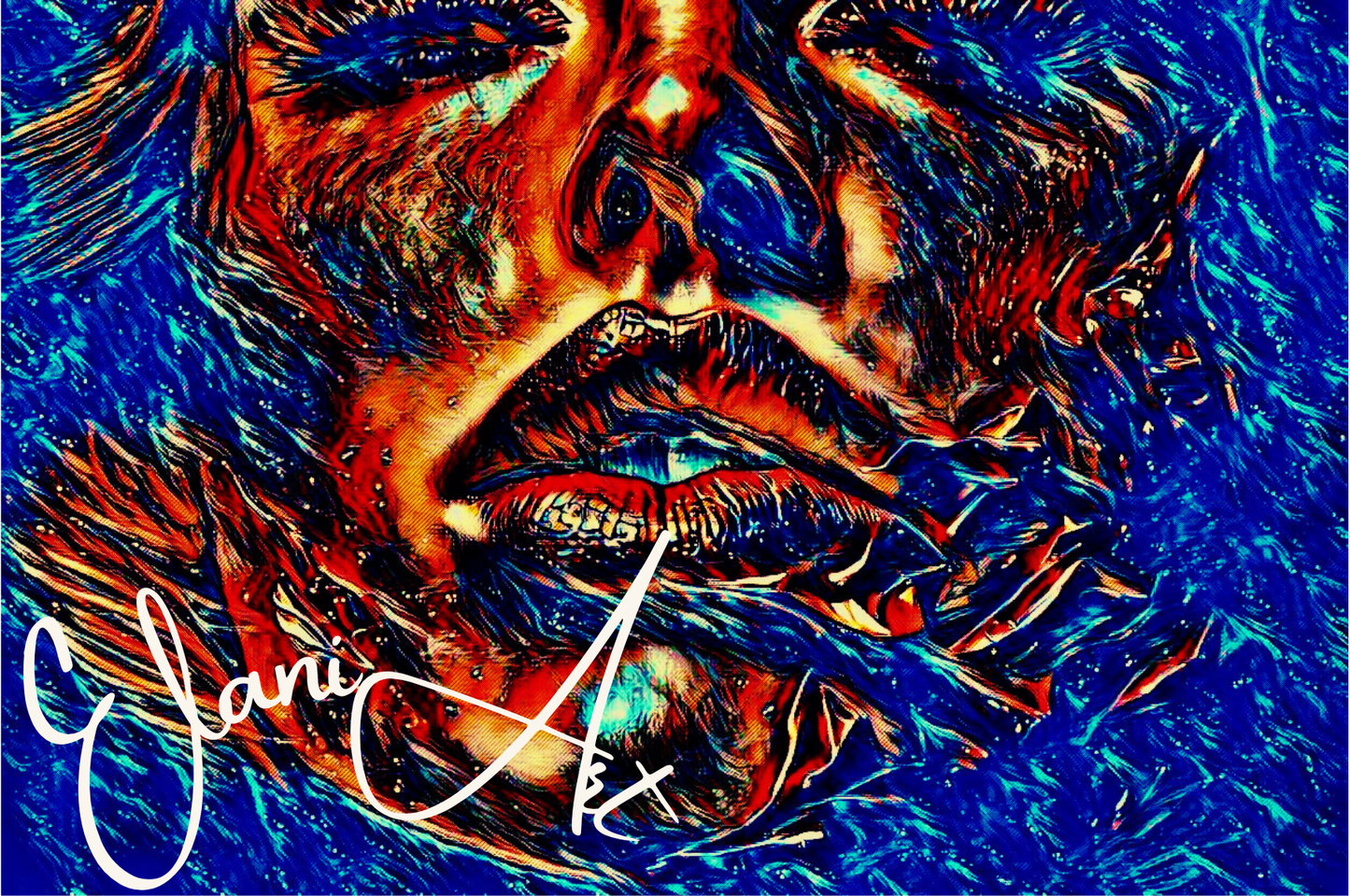 BLUE HUES - An Original Vibrant Blue Woman Bold Parted Lips Staring Eyes with Lashes Portrait Impressionistic Wall Artwork Print by ElaniArt