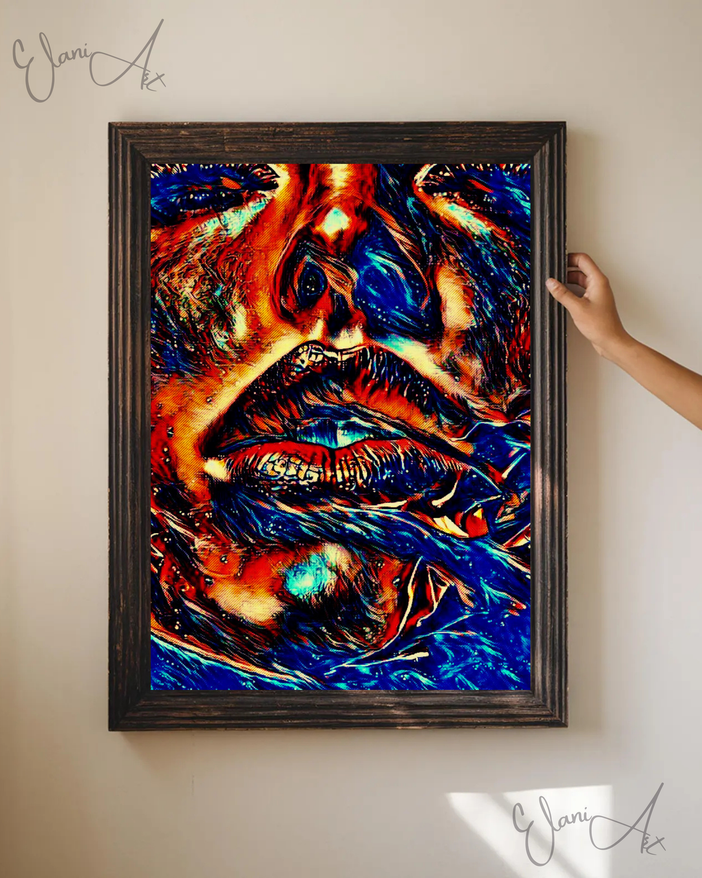 BLUE HUES - An Original Vibrant Blue Woman Bold Parted Lips Staring Eyes with Lashes Portrait Impressionistic Wall Artwork Print by ElaniArt