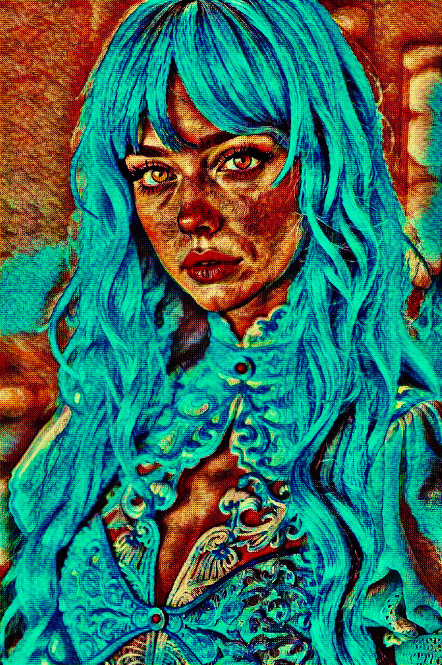 BLU - An Original Vibrant Blue Green Teal Haired Woman Portrait Brown Eyes Lace Dress Impressionistic Wall Artwork Print by ElaniArt