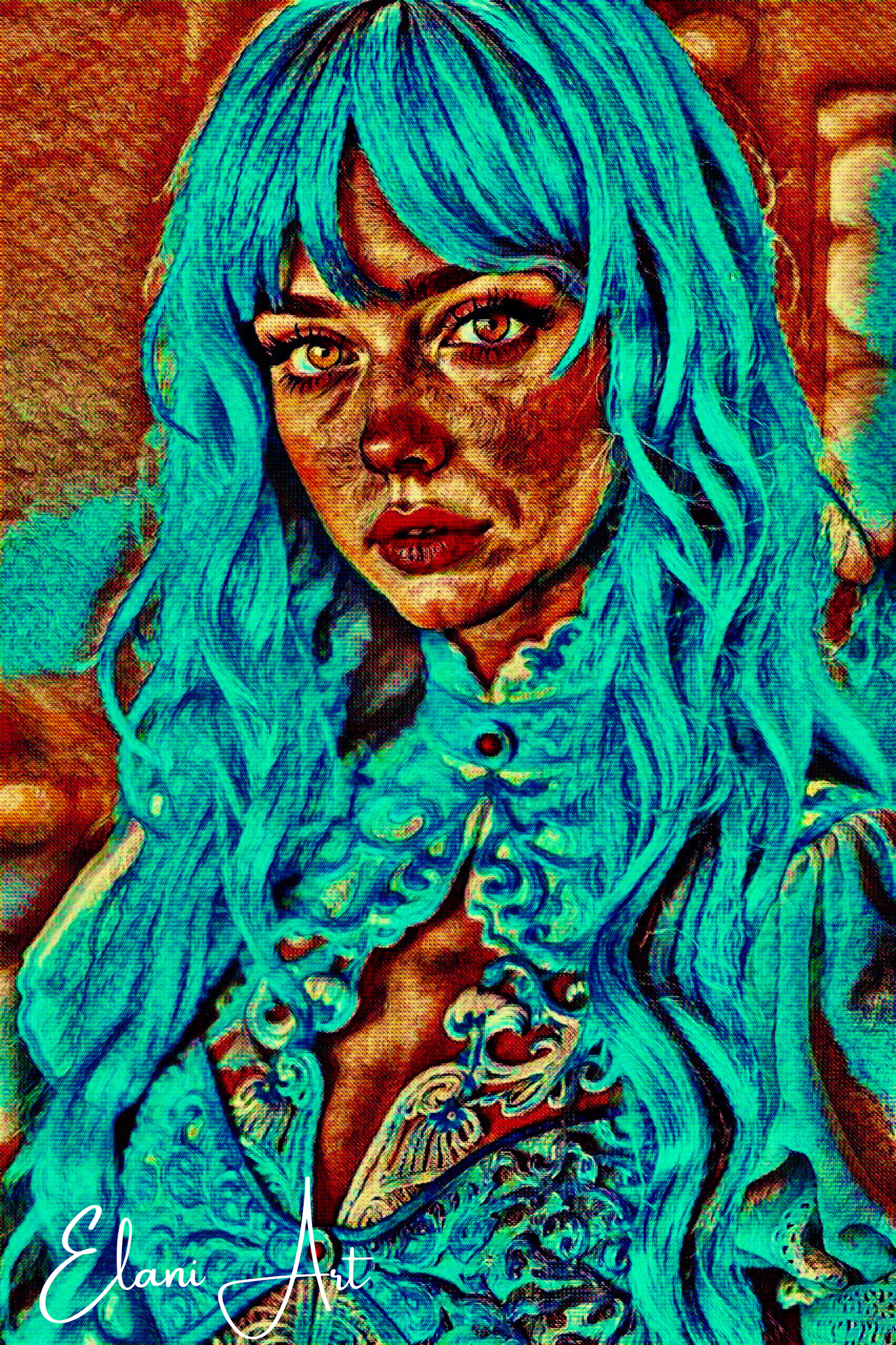 BLU - An Original Vibrant Blue Green Teal Haired Woman Portrait Brown Eyes Lace Dress Impressionistic Wall Artwork Print by ElaniArt