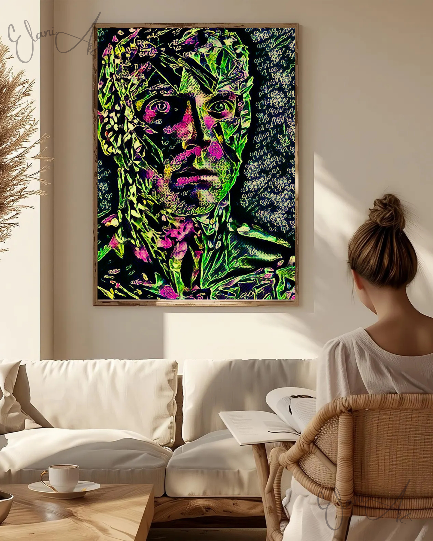 BOTANICAL MAN - An Original Vibrant Green Pink Man Foliage Nature Green Pink Eyes Portrait Impressionistic Wall Artwork Print by ElaniArt
